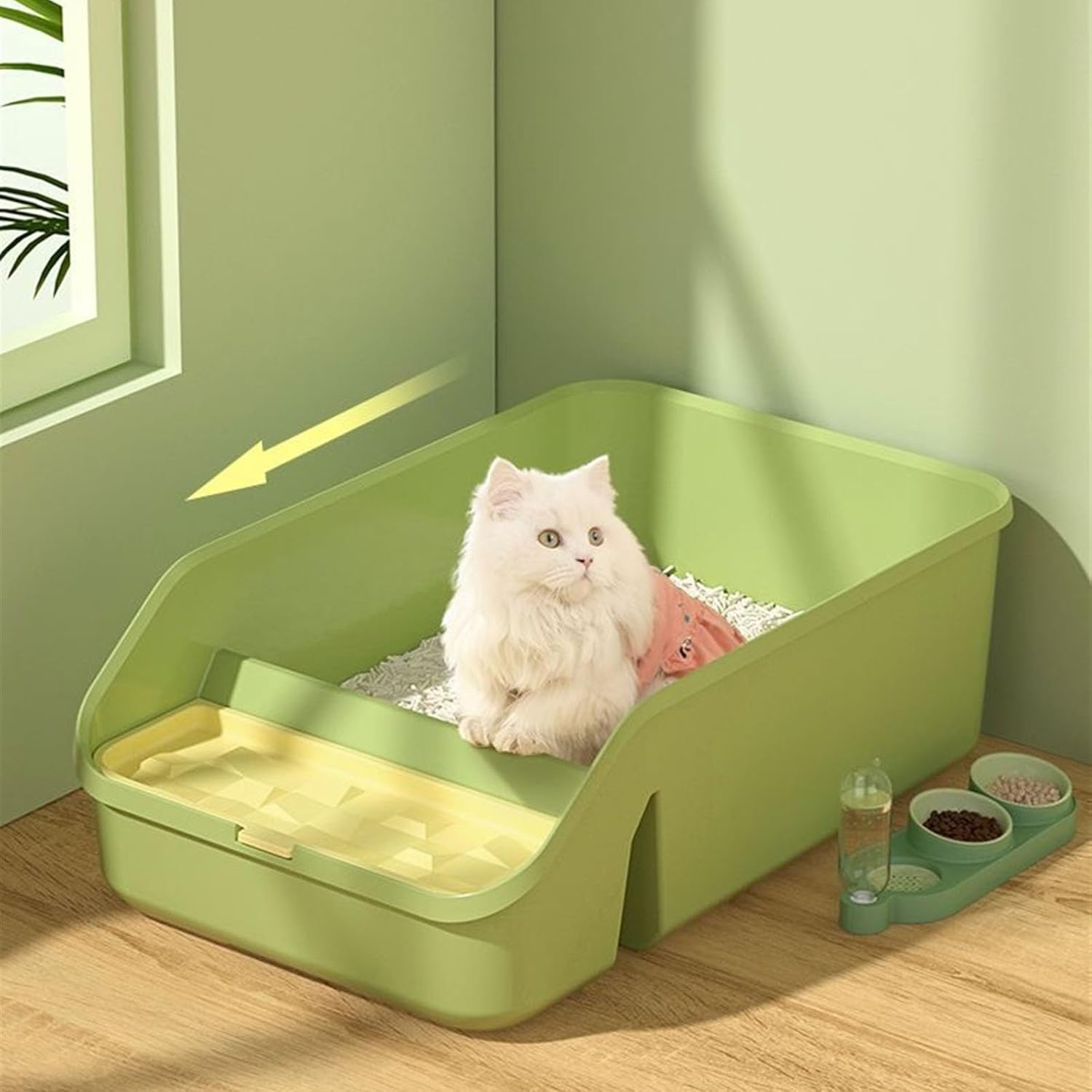 Litterbox Open Top Pet Litter Tray, Semi Closed Cats Litter Pan, Cat Litter Box with High Sides for Pet Supplies Indoor Cats Cat Litter Tray(Green)