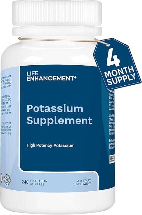 Life Enhancement High Absorption Potassium Supplement for Muscle, Brain & Bone Health - No Additives High Potency Elemental Potassium Supplement is Made in USA (240 Capsules 120 Servings)