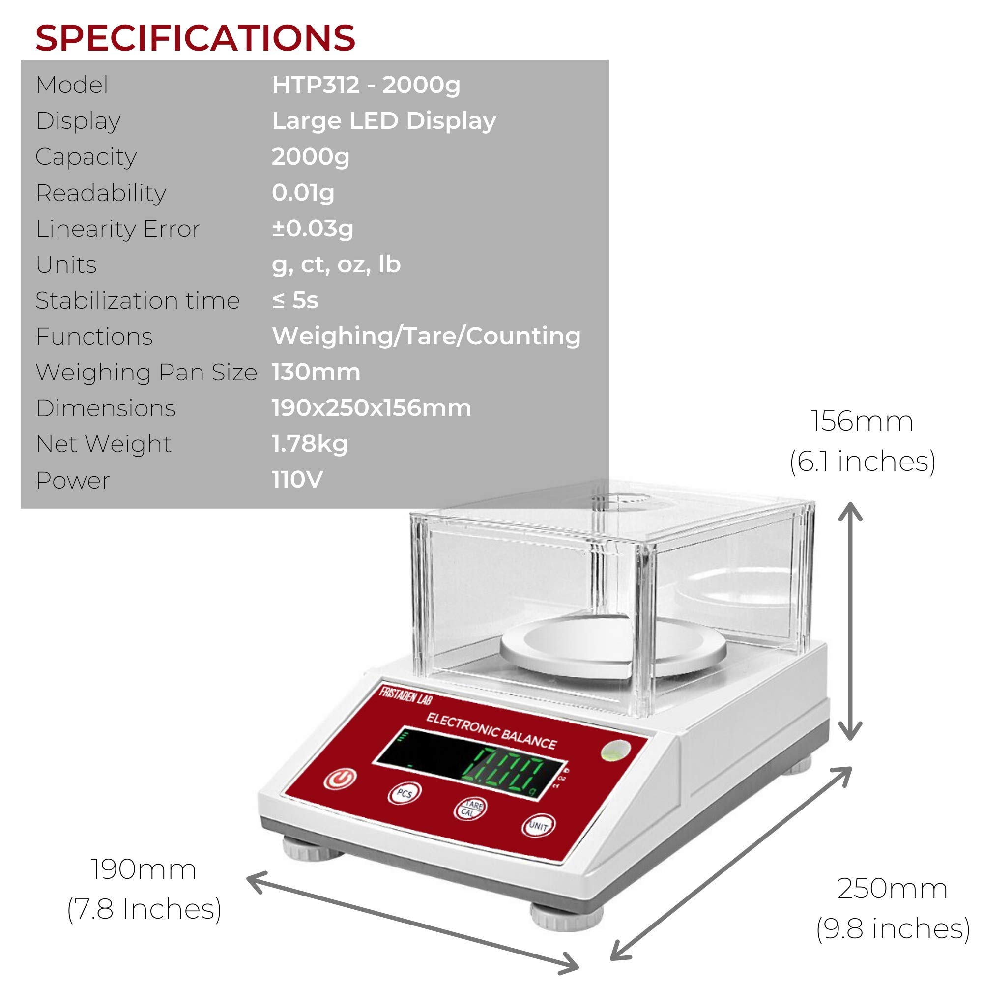 Fristaden Lab Balance de précision 2000 g x 0,01 g - Cellule de charge améliorée pour des mesures plus précises - Balance chimique