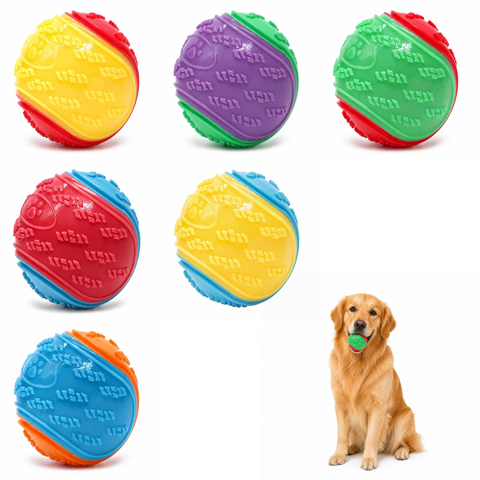 BOBPPOP 6 Pack Indestructible Rubber Dog Balls, Squeaky Chew Resistant Interactive Fetch Training Toy for All Breeds (Mixed Color)