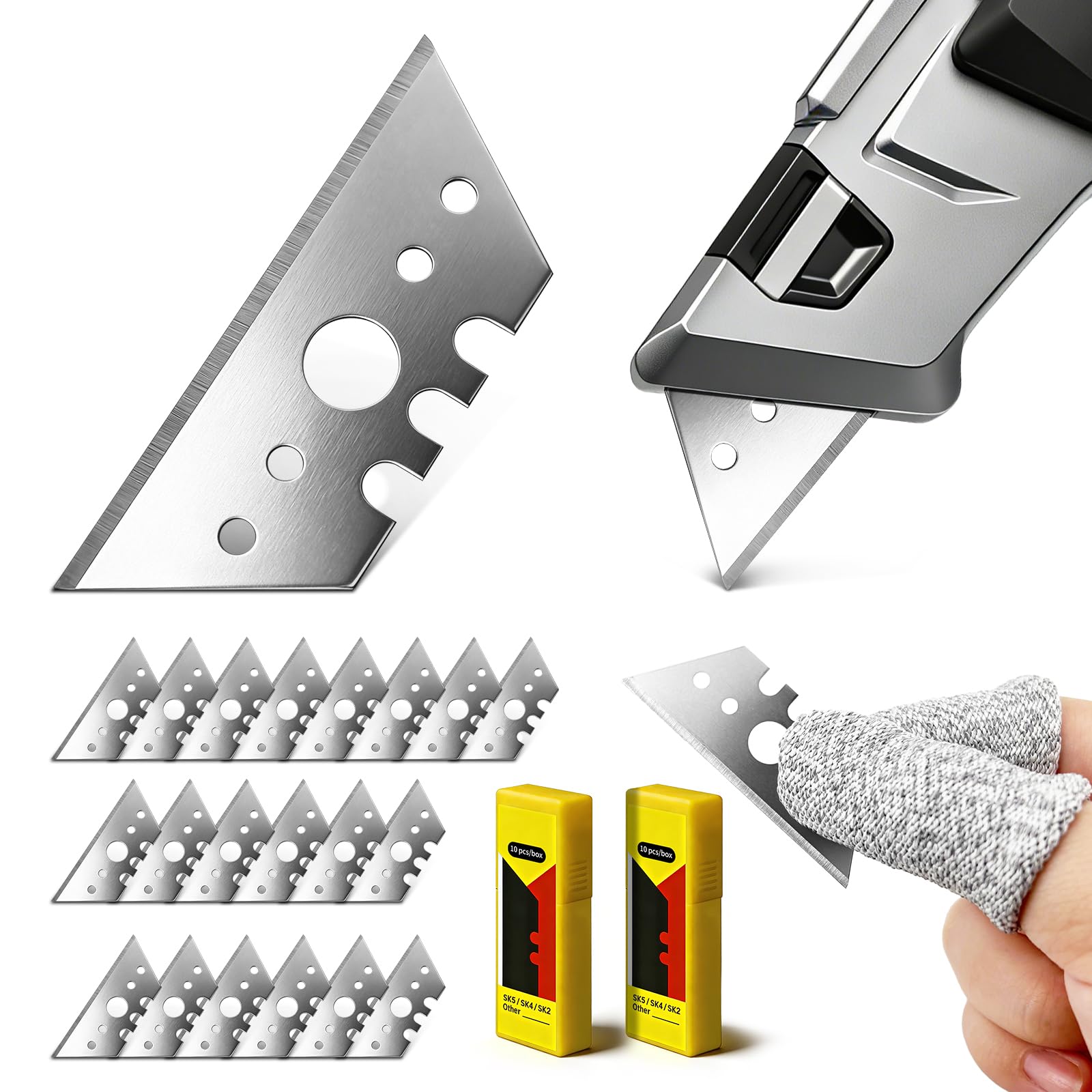 Lame per Cutter Trapezoidali 52mm - Set da 20 Lame Trapezoidali di Ricambio per Cutter con 2 Protezione per Dito, Adatto per Tagliare Tappeti, Plastica, Cuoio e Cartone, Perfetto per Uso Domestico