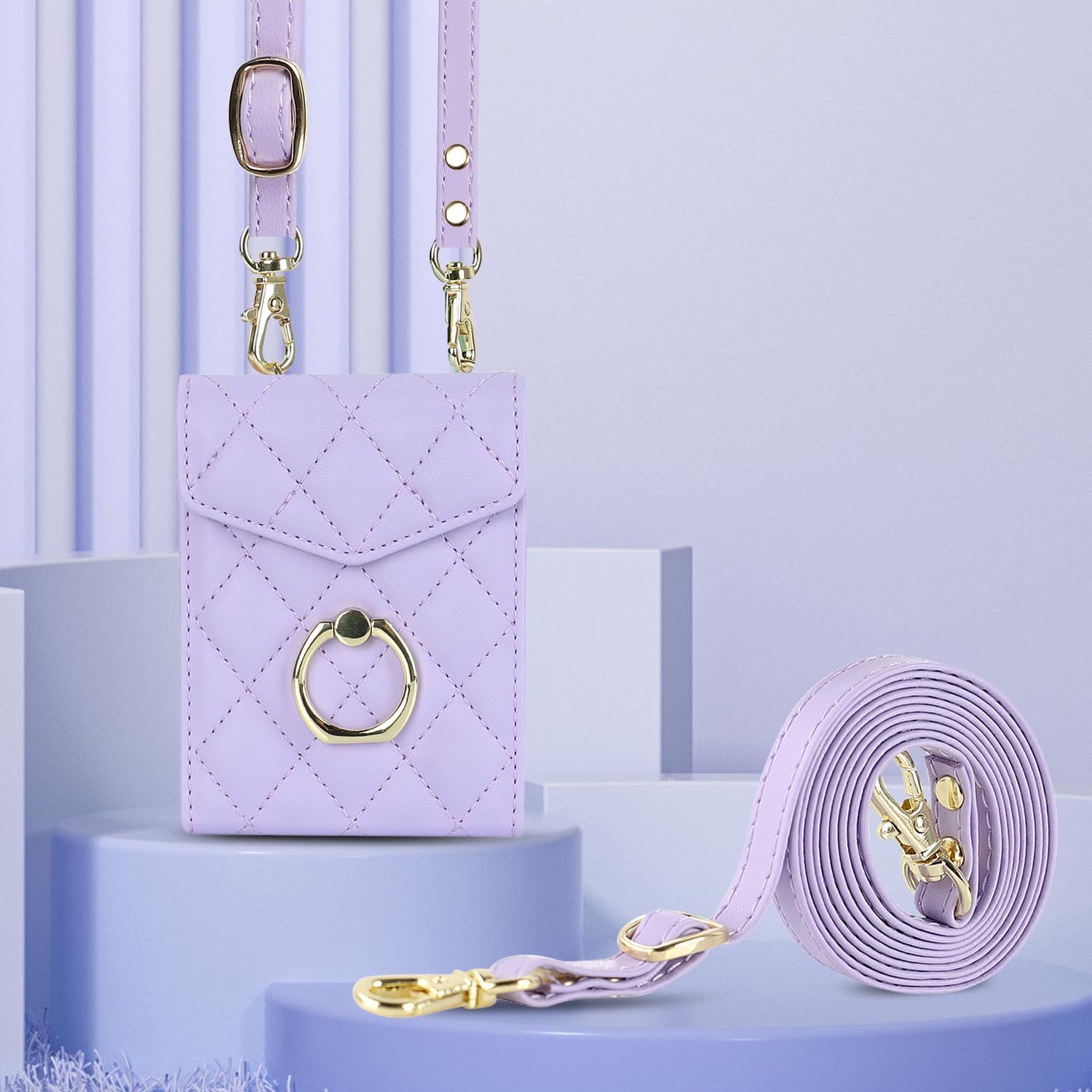 Crossbody for Samsung Galaxy Z Flip 5 Wallet Case with Ring, Card Slots, Adjustable Shoulder Strap, Diamond Pattern. Fashionable Galaxy Z Flip 5 Case for Women Purple
