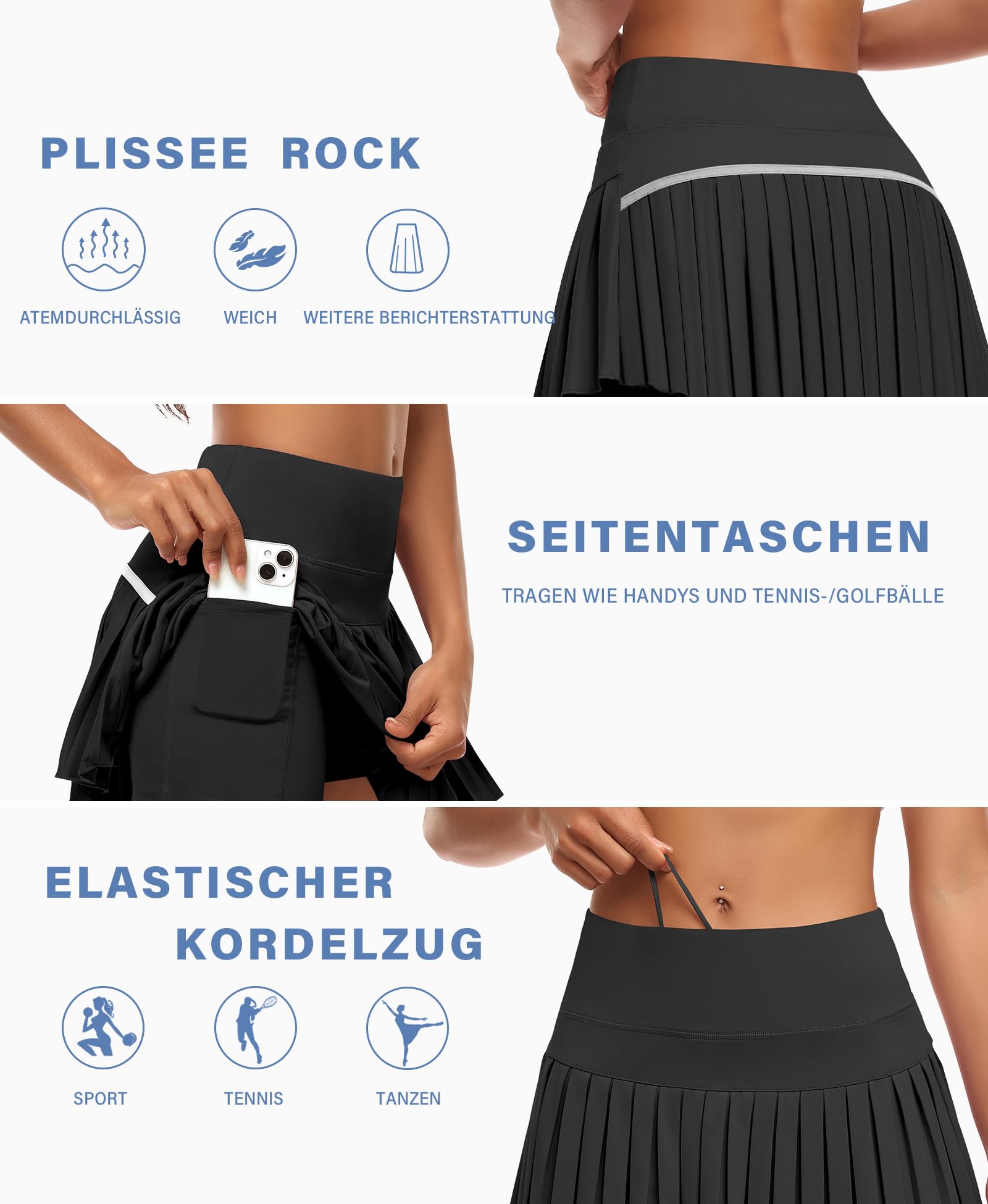 JoyGirl Jupe de tennis pour femme avec pantalon plissé - Mini jupe de sport - Taille haute élastique - Jupe de golf - Jupe de course avec poches