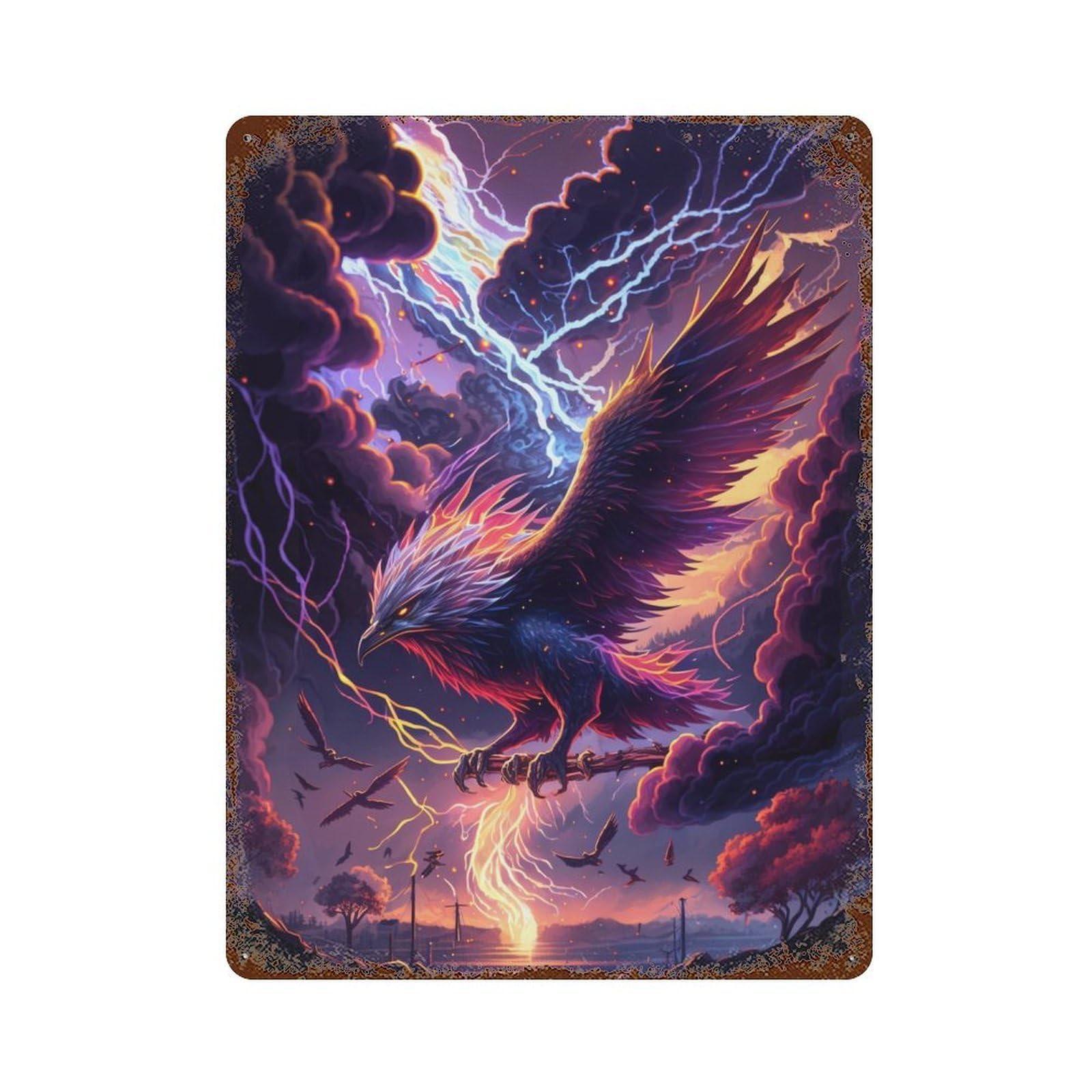 Electric Phoenix Rising Weathered Tin Sign 15.7"x11.8", Farmhouse Wall Decor for Garage, Pub Or Kitchen