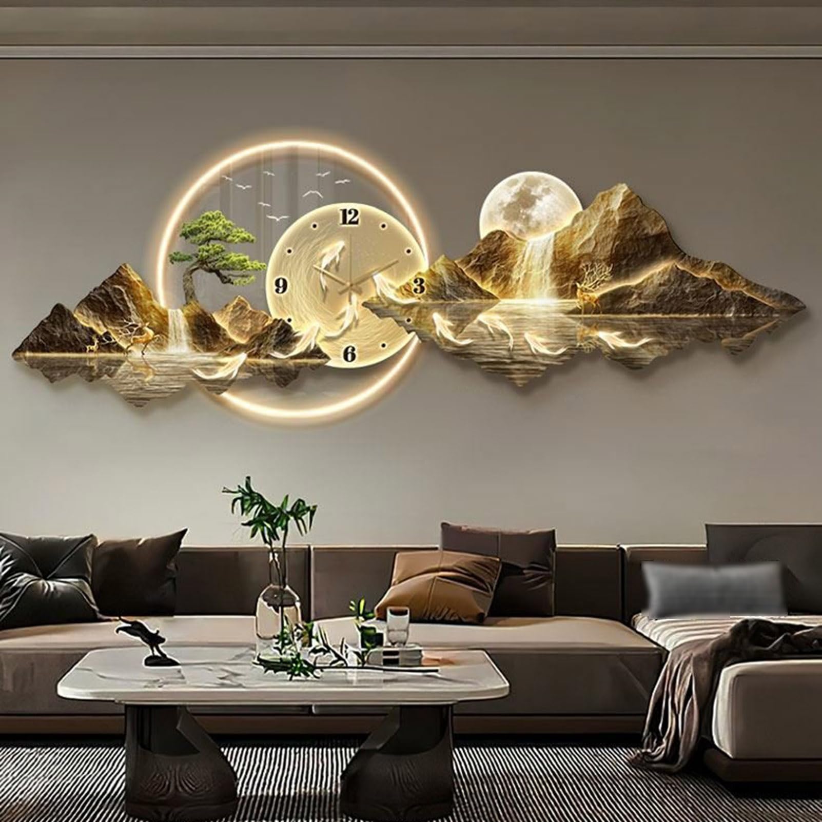 3D Art Hanging Landscape Painting - Modern Wall Art Decor with Lamp Clock, Oriental Traditional Chinese Feng Shui Welcoming Pine Decorative Sculpture