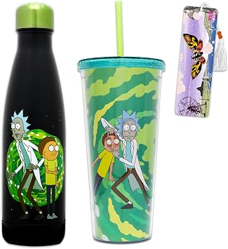 Rick and Morty Water Bottles for Adults - Bundle with 20 Oz Stainless Steel Water Bottle and 20 Oz Tumbler with Straw Plus More | Rick and Morty Merchandise