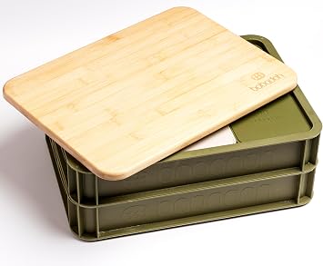 Babadoh Dough Trays & Bamboo Board Set Includes 2 Olive Green Durable, Stackable Trays & 1 Bamboo Board Versatile Storage & Serving Solution for Pizza Lovers Home & Outdoor Adventures