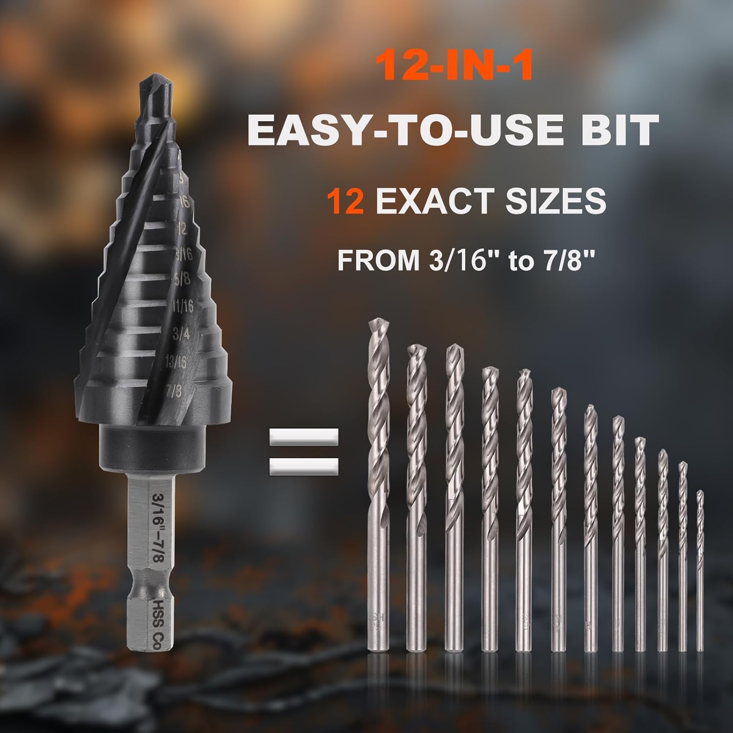 COMOWARE M35 Cobalt Step Drill Bit, 4 Spiral Flute, Step bit with 3/8" Hex Shank, 12 Sizes (3/16" to 7/8"), Steps bits for Metal, Stainless Steel, Aluminum/Wood/Plastic, Unibit for Electricians & DIY