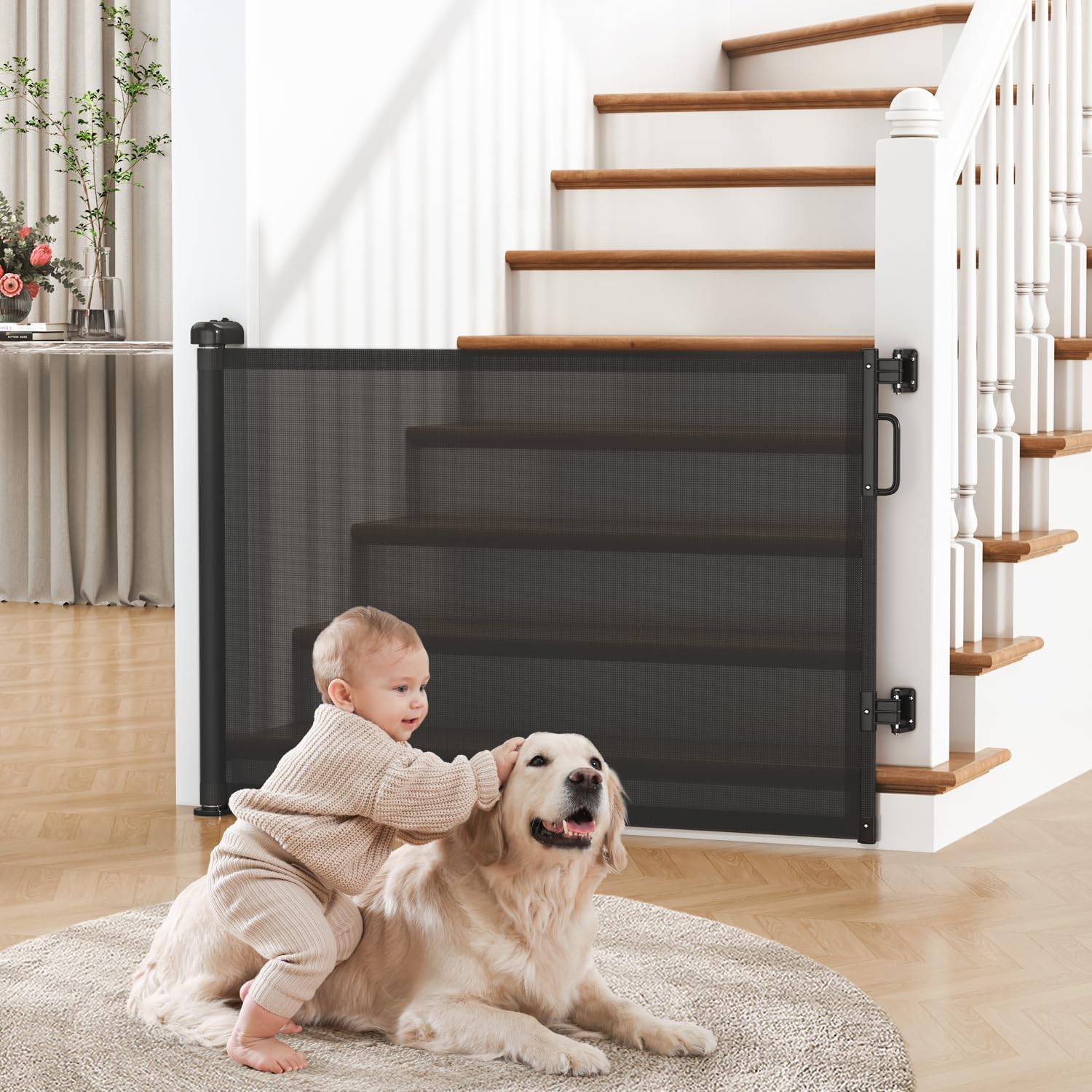 Retractable Baby Gate for Stairs, 55\" Wide Mesh Dog Gate Indoor, 34'' Tall Child Gate for Doorways, Hallways, Deck, Indoor Outdoor Pet Baby Safety Essentials for Home, Black