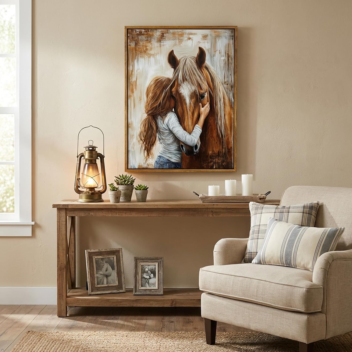 Framed Horse Canvas Wall Art Girl and Horse Rustic Farmhouse Equestrian Pictures Wall Decor for Girls Bedroom, Western Country Art for Living Room Study (12x16in)