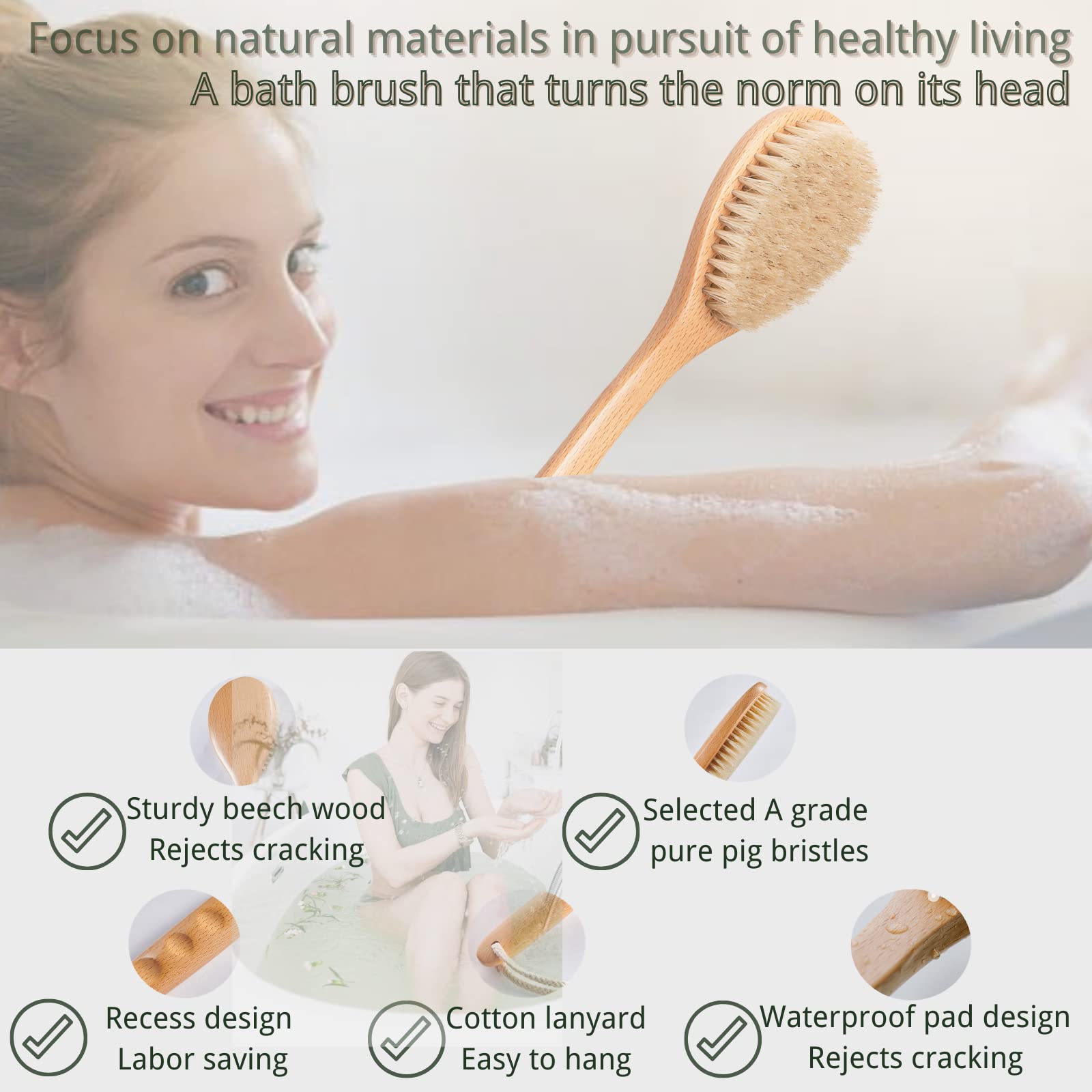 Buy Long handled shower back brush with soft and strong natural