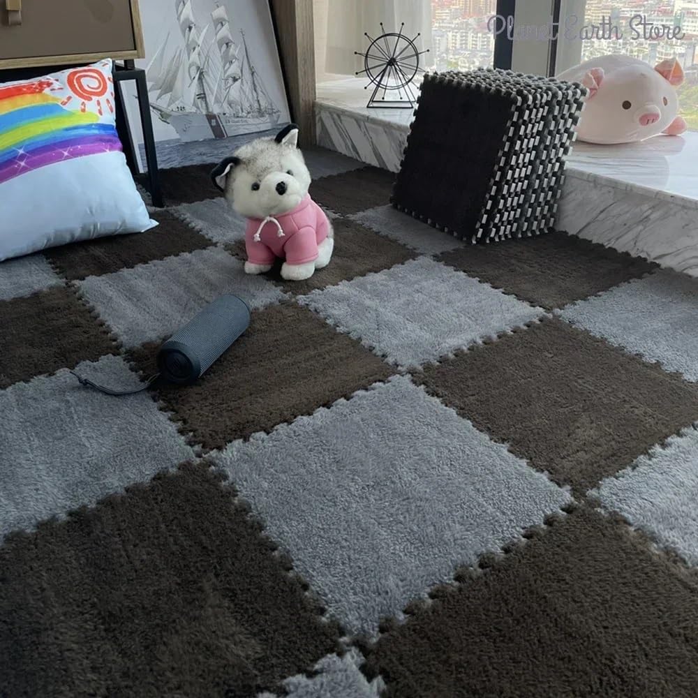 30CM Miękka Pluszowa Mata EVA Piankowa Puzzle, Mata Dywanowa Długie Włosy Dywan Puzzle, Interlock Keep Warm Playmat(Grey,20pc)
