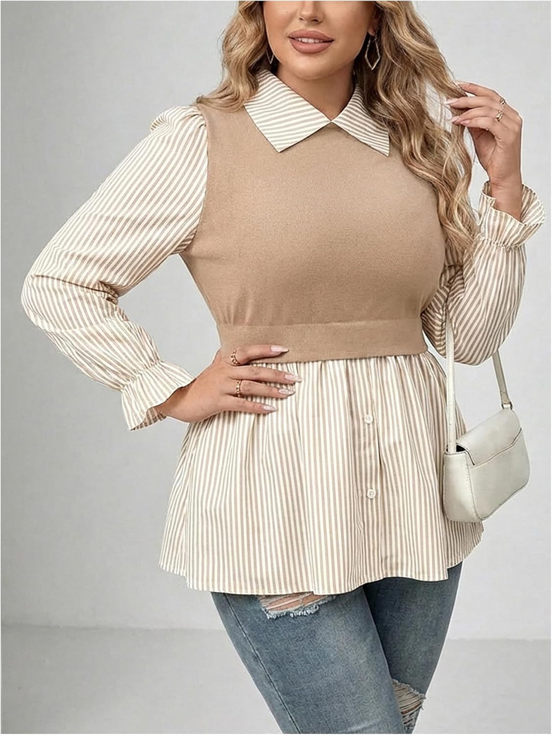 Women's Plus Size Striped Peplum Shirts Button Front Lantern Sleeve Collared 2 in 1 Work Office Blouses - Image 4