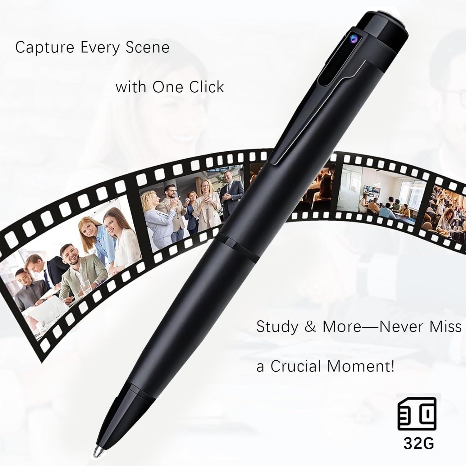 1080P Full HD Portable Pen Camera with One-Click Recording, Body Pen Cam, 32GB SD Card, 2-Hour Battery for Discreet Business Surveillance, Evidence Collection, and Privacy Protection (Carbon Black)
