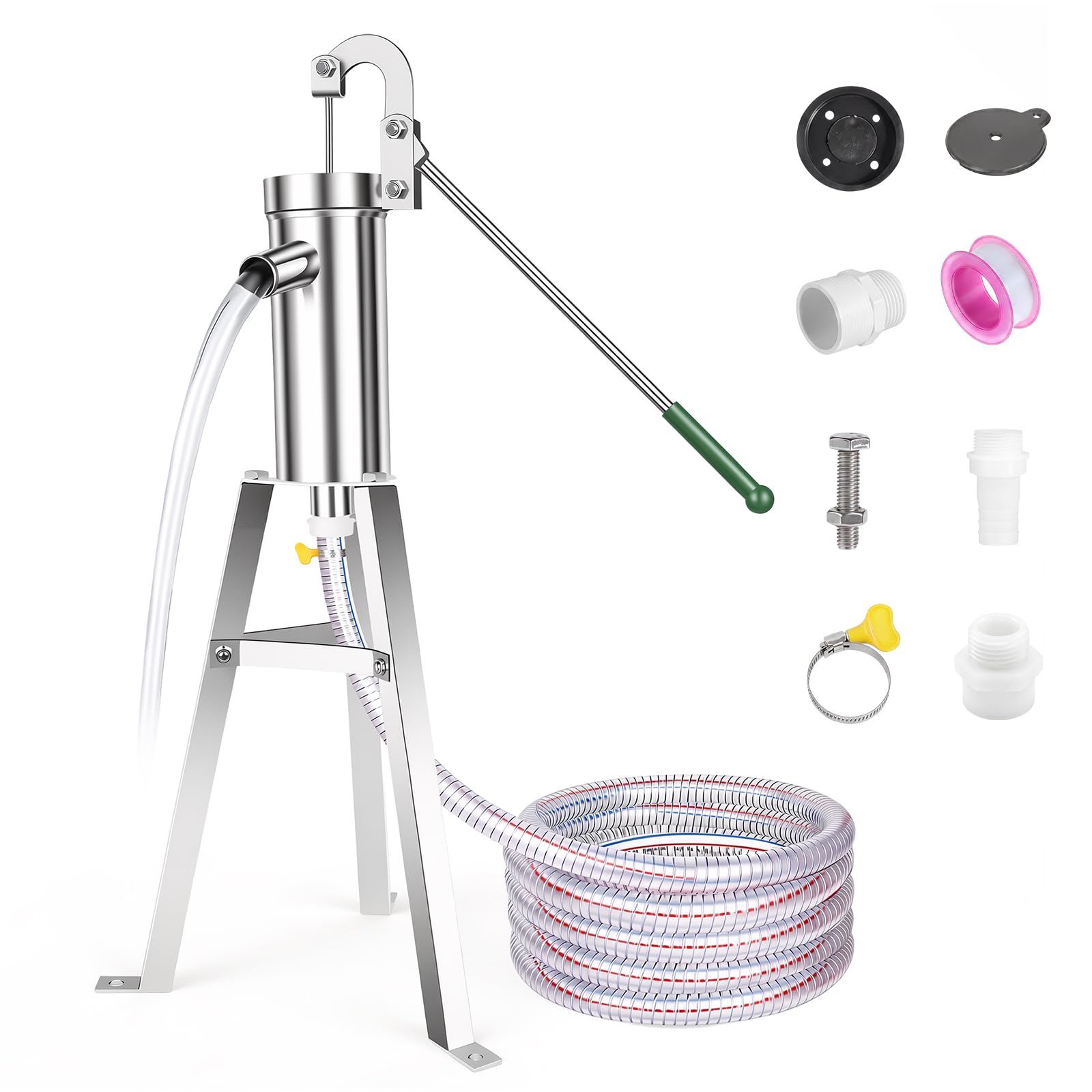 Schwengelpumpe Set, Schwengelpumpe Komplett Set mit 58 cm Ständer & 5 m Schlauch, Handpumpe Wasserpumpe Gartenpumpe Edelstahl Haushalt Grundwasserpumpe Brunnen für Gartenhof Hof und Bauernhof
