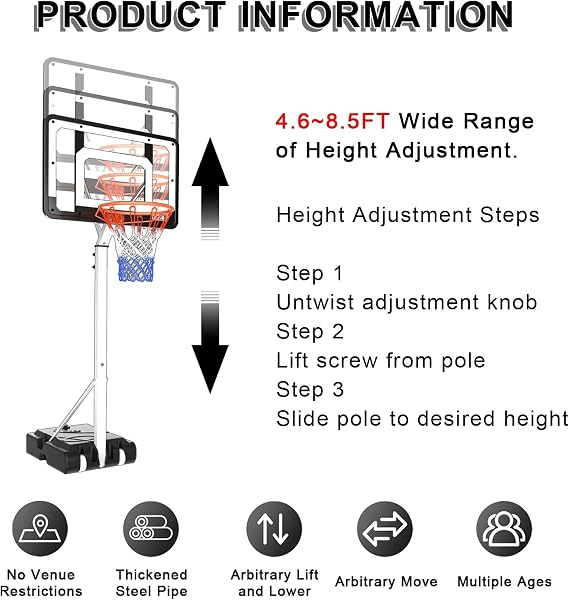 Adjustable Height Basketball Hoop, Portable Basketball Hoop with PC Backboard, for Indoor Outdoor Sports