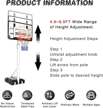 Adjustable Height Basketball Hoop, Portable Basketball Hoop with PC Backboard, for Indoor Outdoor Sports