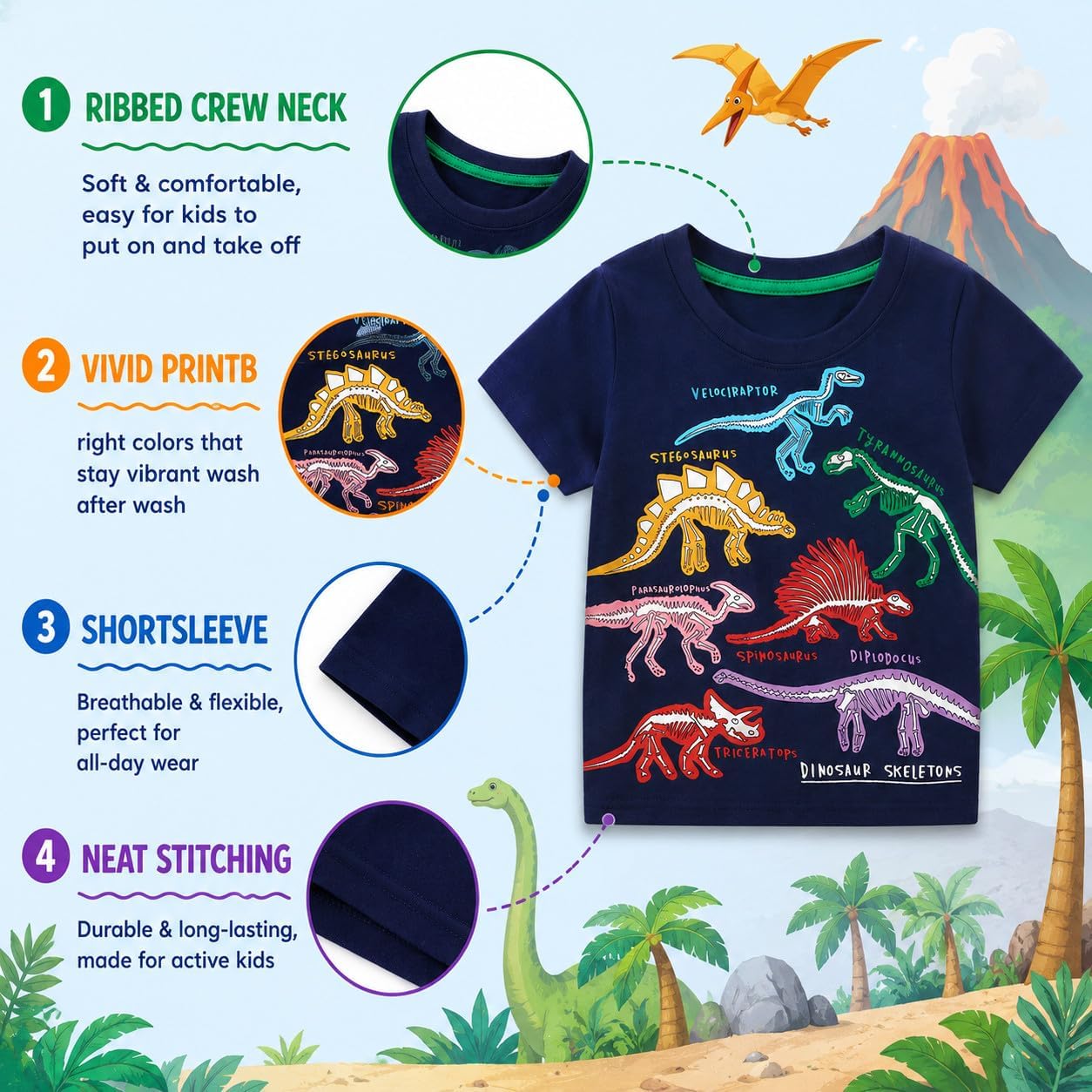 Boys Dinosaur T-Shirt Glow-in-Dark Cotton Summer Short Sleeve 2-7T