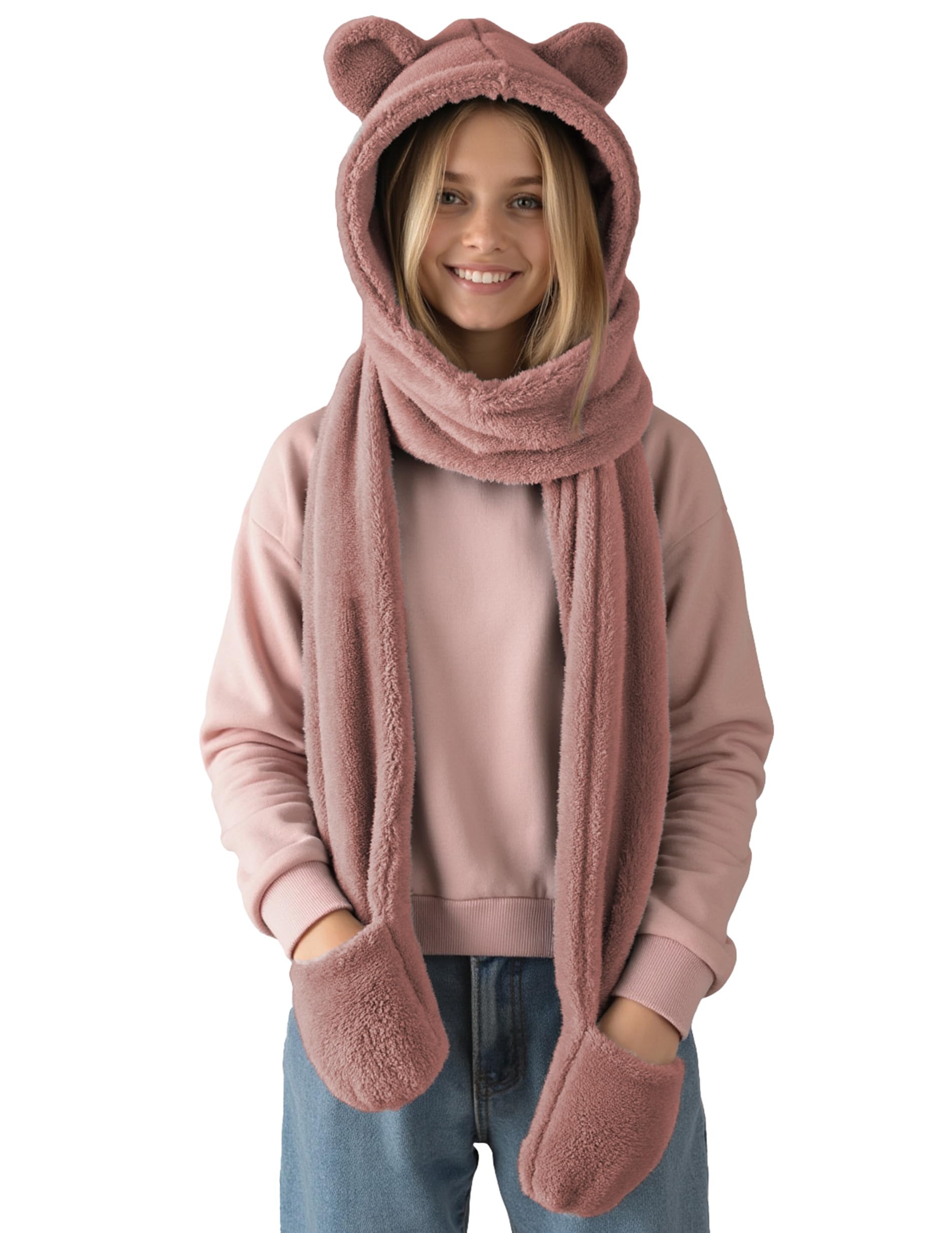 Vivisence Women Winter Hood Scarf with Mittens Soft Polyester Cozy Warmth, Light Pink,UNI