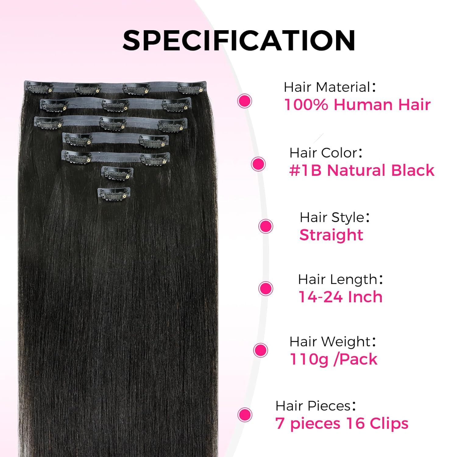 Lashey Invisi Edge Clip in Extensions Echthaar, 7 Stück 110g 35cm Injected Nahtlose Echthaar Extensions Clip, Natürliches Schwarz Glatt Remy Menschliches Haar