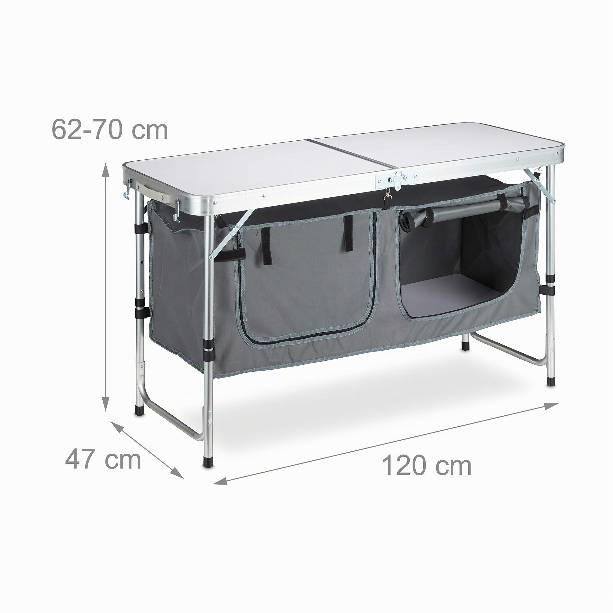 Relaxdays Tavolino Pieghevole da Campeggio, Regolabile in Altezza, Scomparto, Alluminio e MDF, LP 120x47, Argento/Bianco