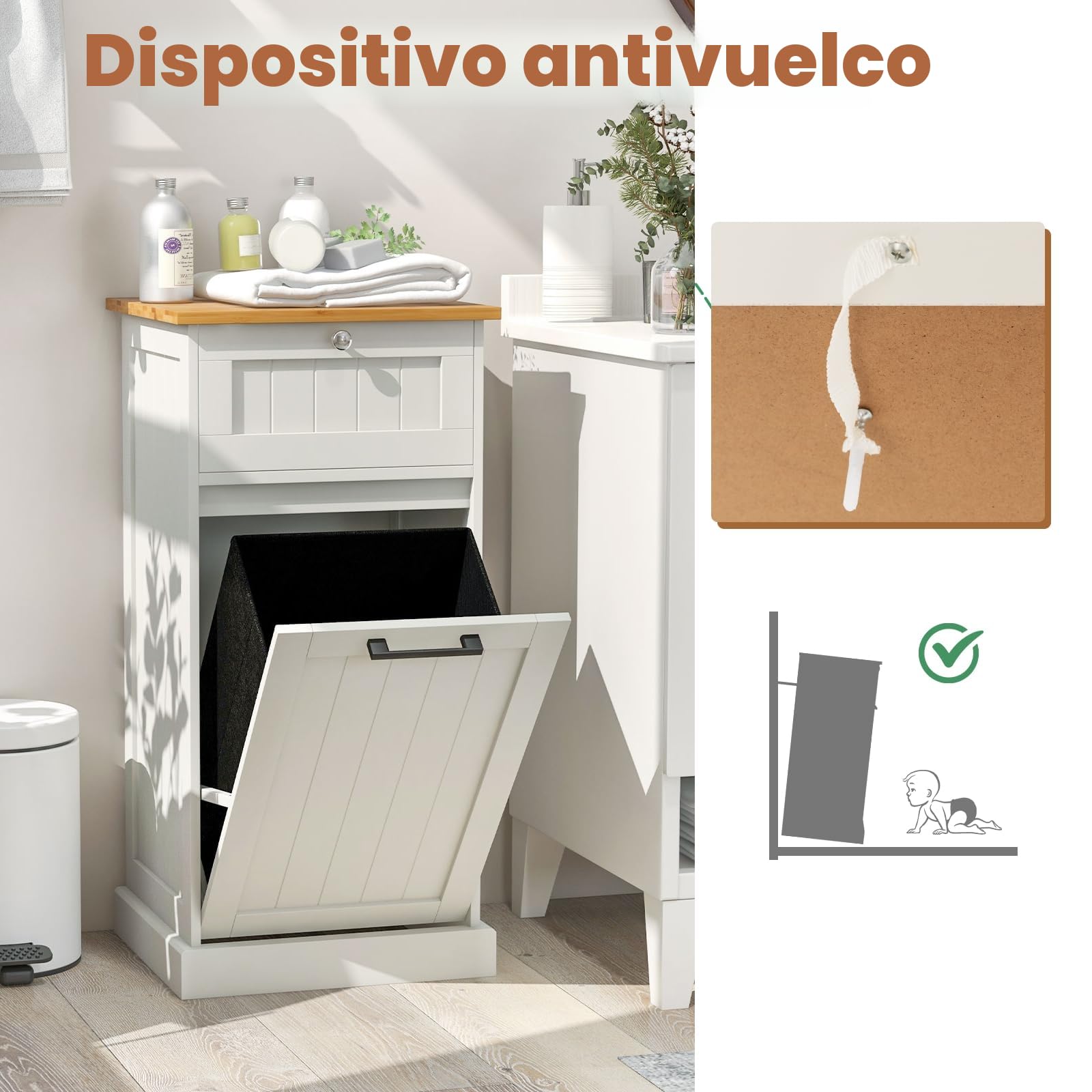 KOMFOTTEU Armario de Cocina con Soporte para Cubos de Basura, Aparador Bajo con Puerta Inclinable y Cajón, Mueble de Almacenamiento para Baño, Lavandería (Puerta única)