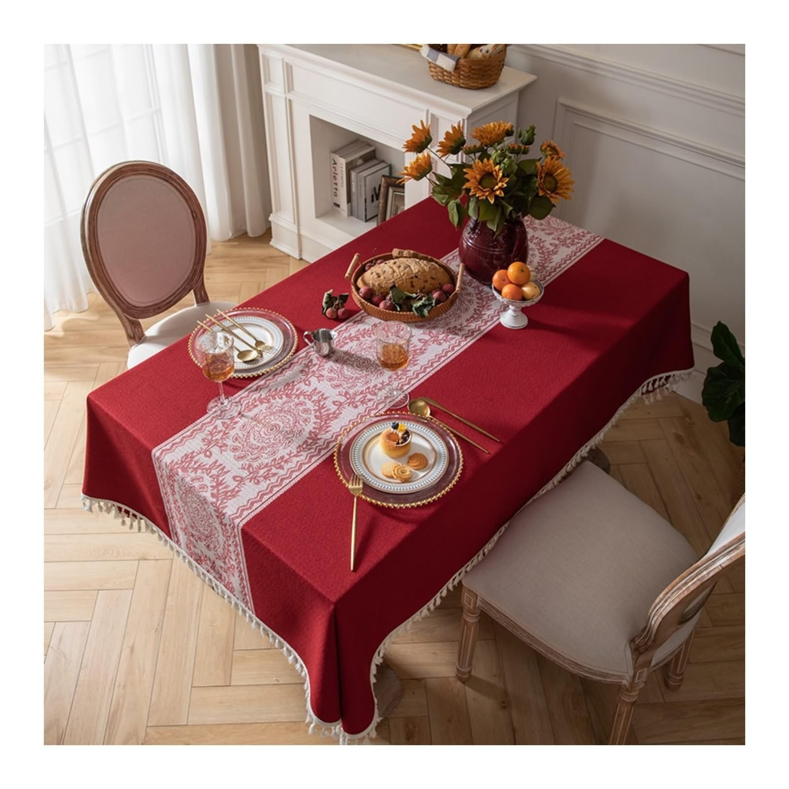 Epinki Obrus stołowy 140 x 260 cm, obrus w stylu vintage, kwiaty z frędzlami, poliester, obrusy w stylu vintage, ochrona przed plamami, plamoodporna, na cały rok, styl 4