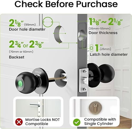 Miniatura 7 de GHome Smart Cerradura de puerta de huellas dactilares, perilla de puerta inteligente 3 en 1 con control de aplicación y llave, bloqueo automático,