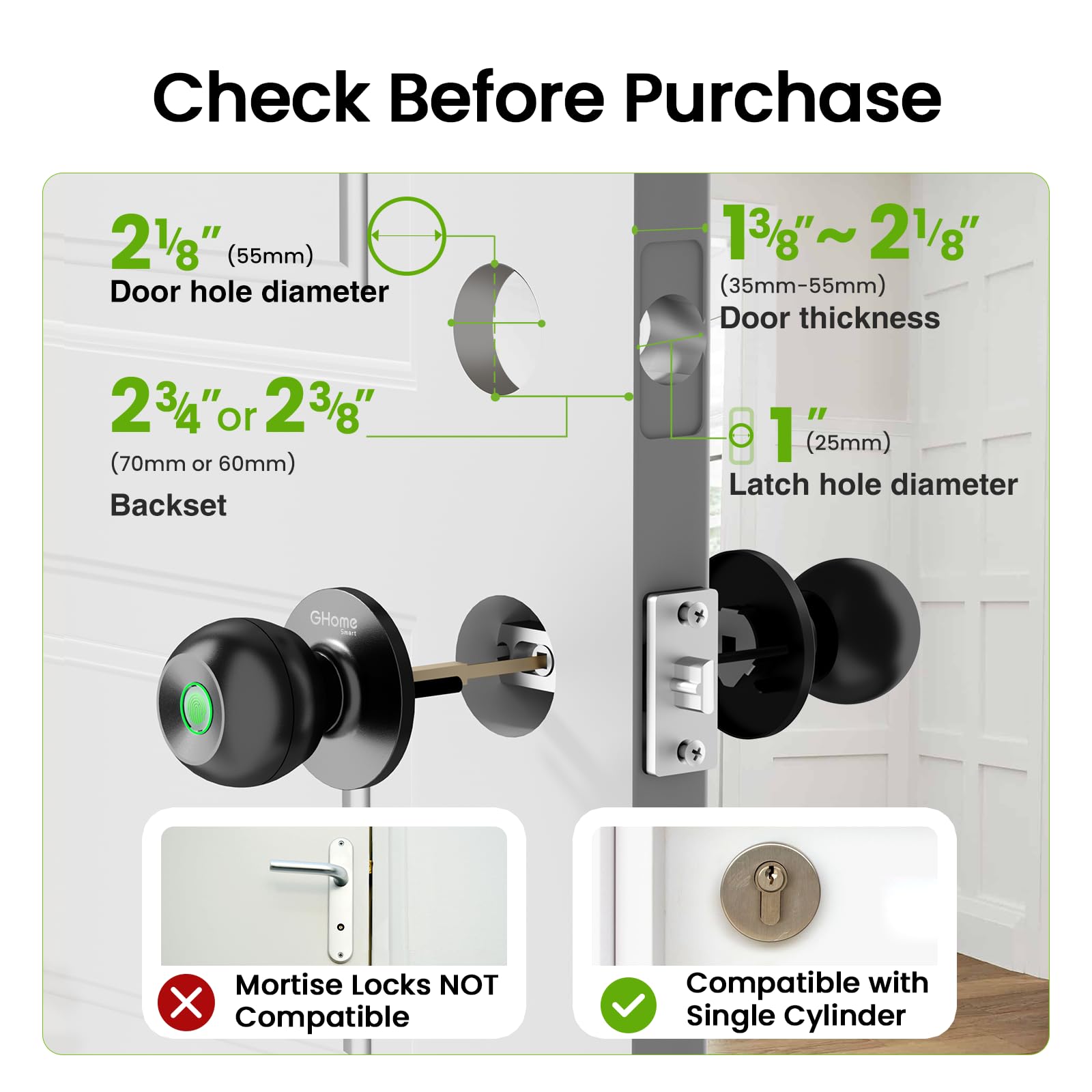 GHome Smart Fingerprint Door Lock, 3 in 1 Smart Fingerprint Door Knob with App Control & Key, Auto Lock, Biometric Thumbprint Door Locks for Bedroom, Garage, Home & Office