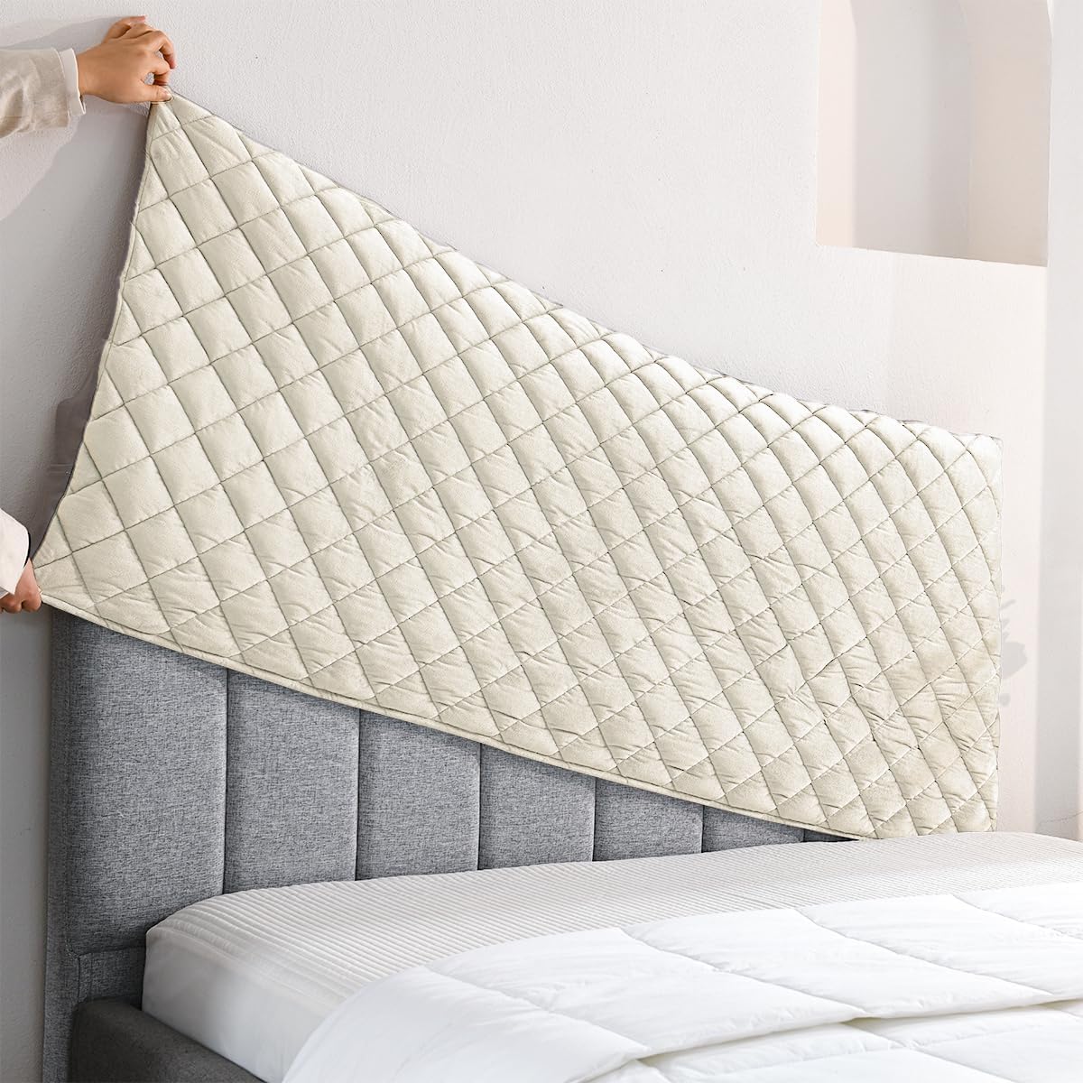 Velvet Bed Headboard Cover Slipcover - Stretch Quilted & Thicken Dustproof Protector for Queen/King, Washable Decorative Headboard Cover for Bedroom (Beige, 67x27.5 inch)