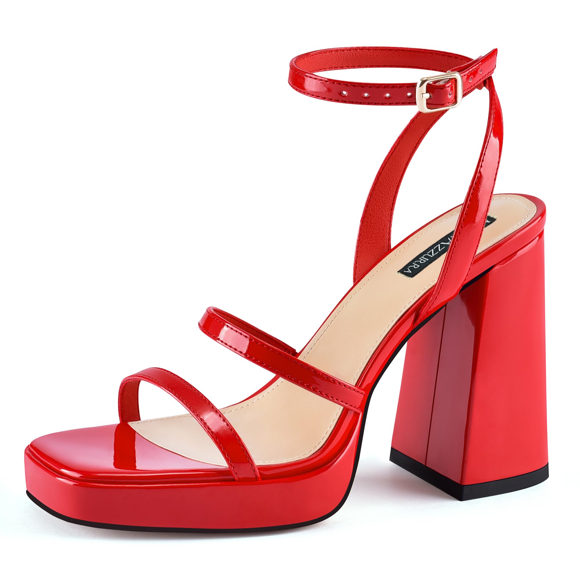 MIRAAZZURRA Platform Strappy Heel Sandals Square Open Toe Two Strap Chunky High Heeled Sandals with Buckle Ankle Strap for Women Party Wedding Dress