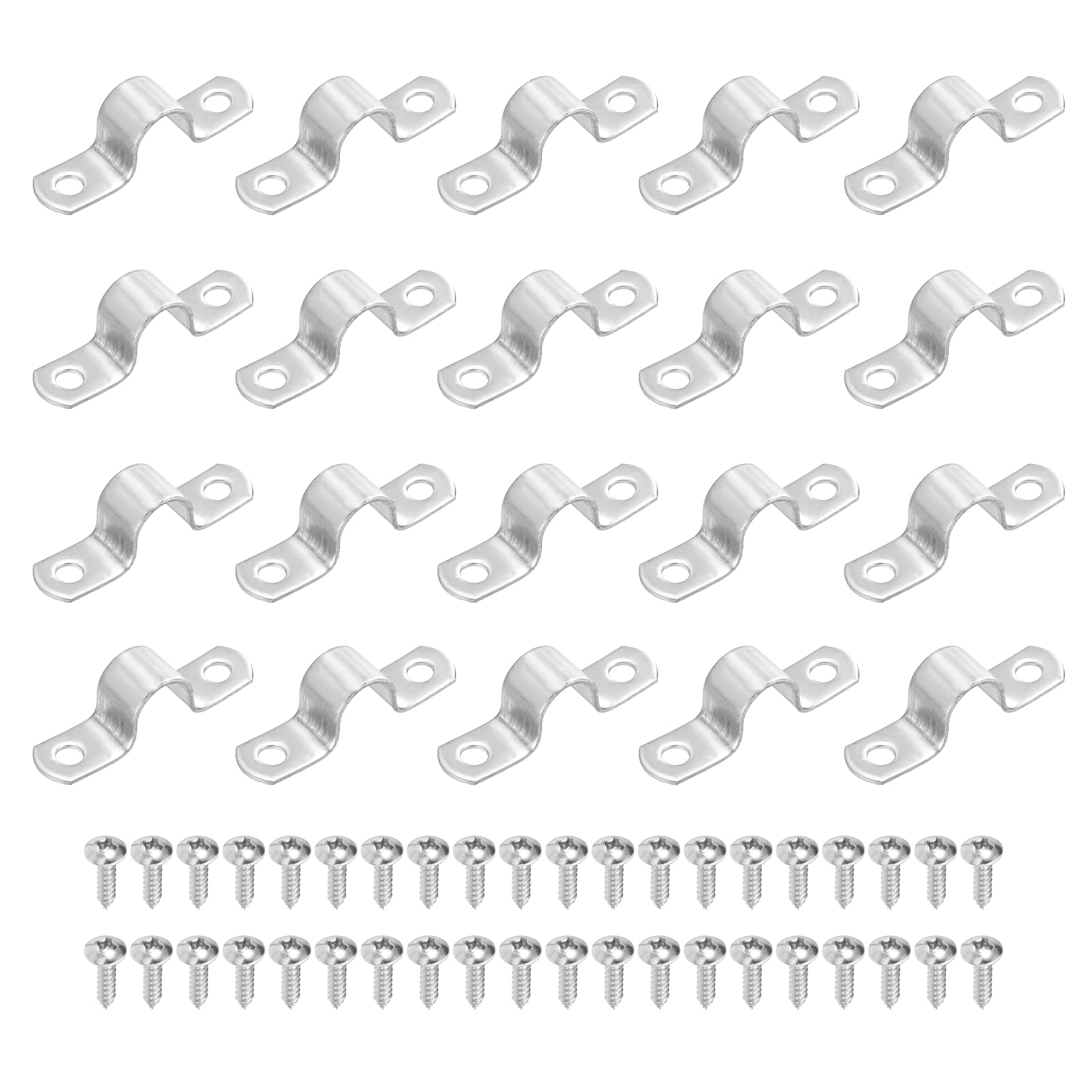 sourcing map 20Pcs 14mm(9/16") Two Hole Rigid Pipe Strap, 304 Stainless Steel Conduit Clamp Thicken U Bracket Heavy Duty Pipe Clamp with Self-Tapping Screws for Fixing Tube Cable, Silver