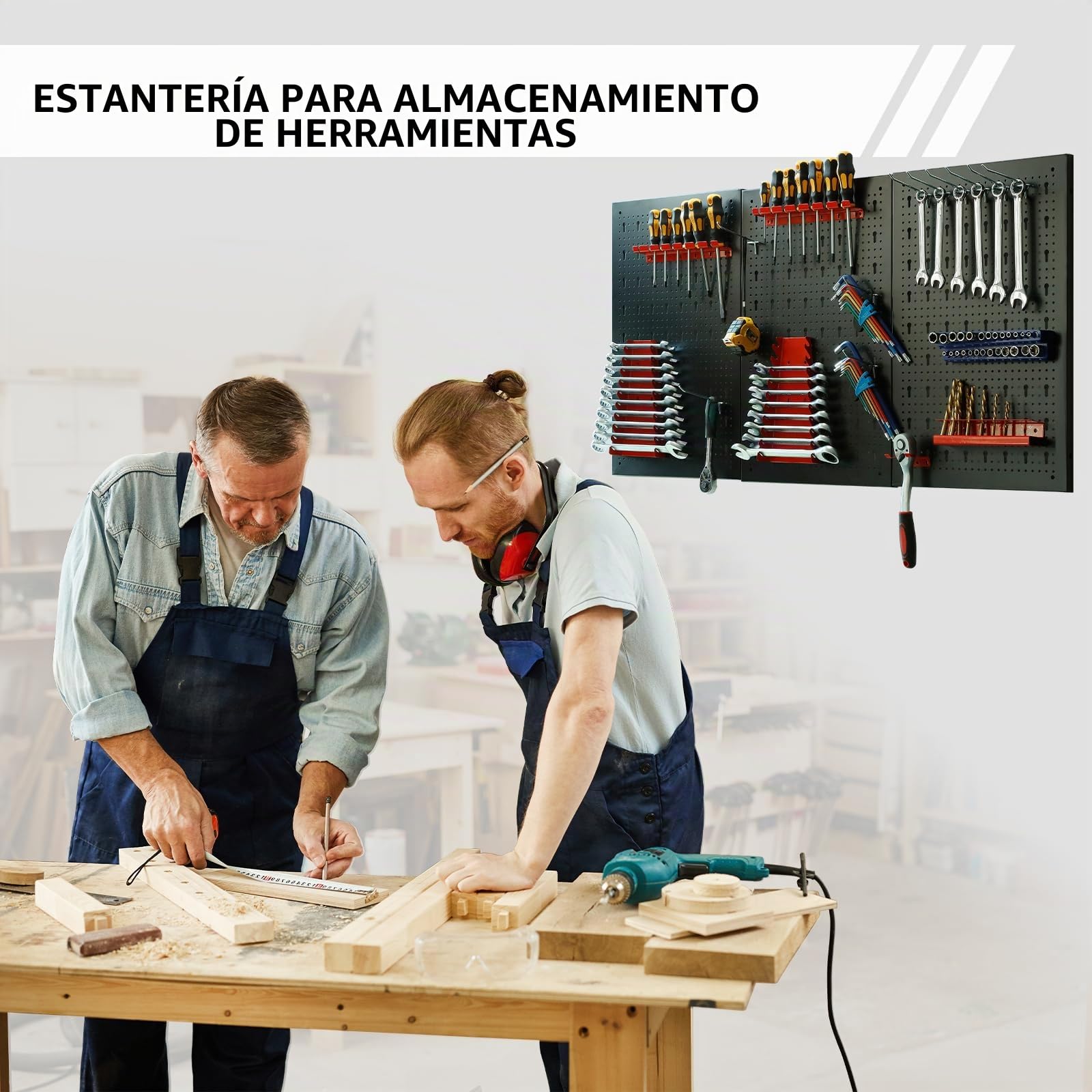CCLIFE Estantería de bricolaje para pared para herramientas 3 piezas con 25 Soportes Panel perforado para Taller 120 x 60 x 2 cm