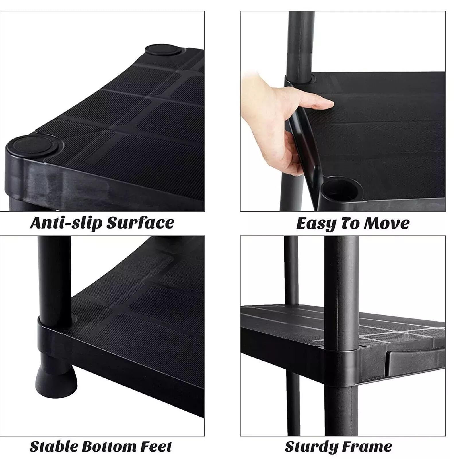 Pluto Packaging Strong Black Sturdy Plastic Storage Shelving Unit 4 Tier & 5 Tier Multipurpose Heavy Duty Rack (1-5 Tier