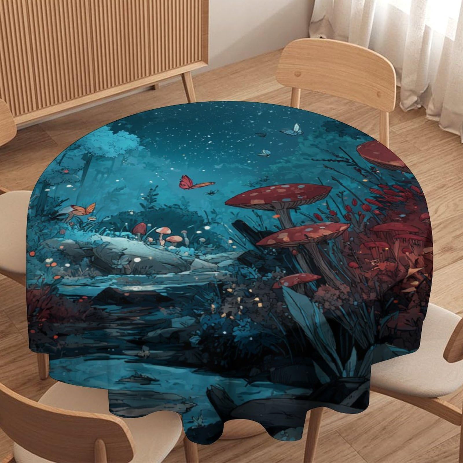 LUYYSKY Colorful Realistic Mushroom Forest Round Tablecloth Rustic Natural Full Moon Animal Butterfly Pattern Washable Decor for Table Cover for Kitchen-177.8" Wx177.8 L cm