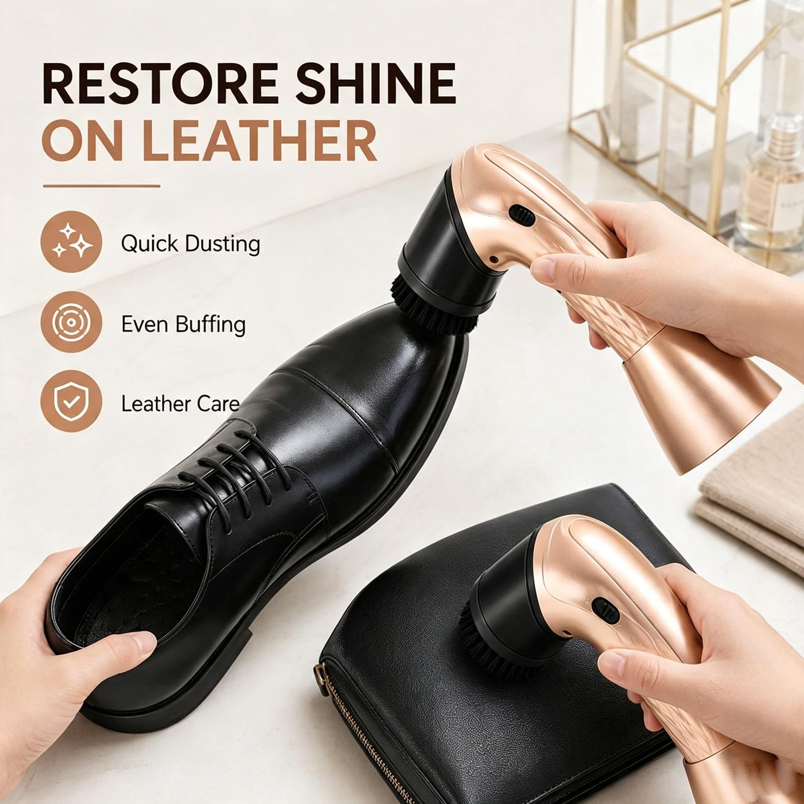 Lucidascarpe Elettrico Portatile, Kit per Lucidare Scarpe Ricaricabile, con 6 Testine, Base di Supporto, Testina Rotante, per Pulire E Lucidare Scarpe E Borse in Pelle