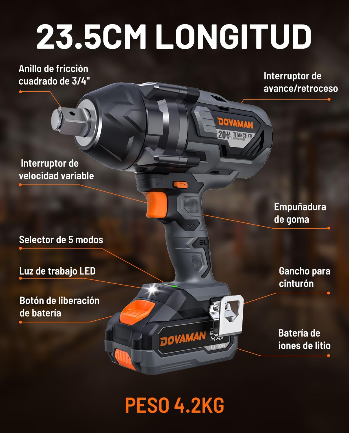 DOVAMAN TITANCE X9 Llave de Impacto Inalámbrica, 2200Nm Alto Par 3/4'' Llave de Impacto, 20V Sin Escobillas, 5 Velocidades, Batería 4.0Ah, Cargador, Destornillador Eléctrico para Trabajos Pesados