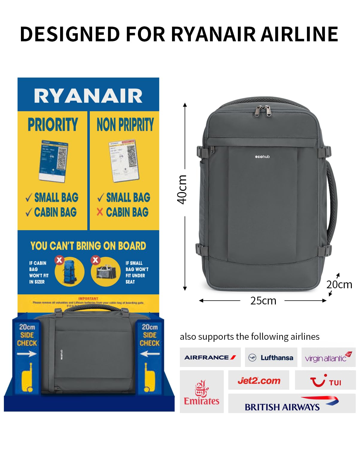 ECOHUB 20L Zaino Ryanair 40x20x25, Zaino Da Viaggio Aereo Bagaglio a Mano Con Scomparto Per Laptop 3D, Resistente all'Acqua Bagaglio a Mano 40x20x25 Ryanair, Riciclato Zaino Viaggio Donna Uomo, Grigio