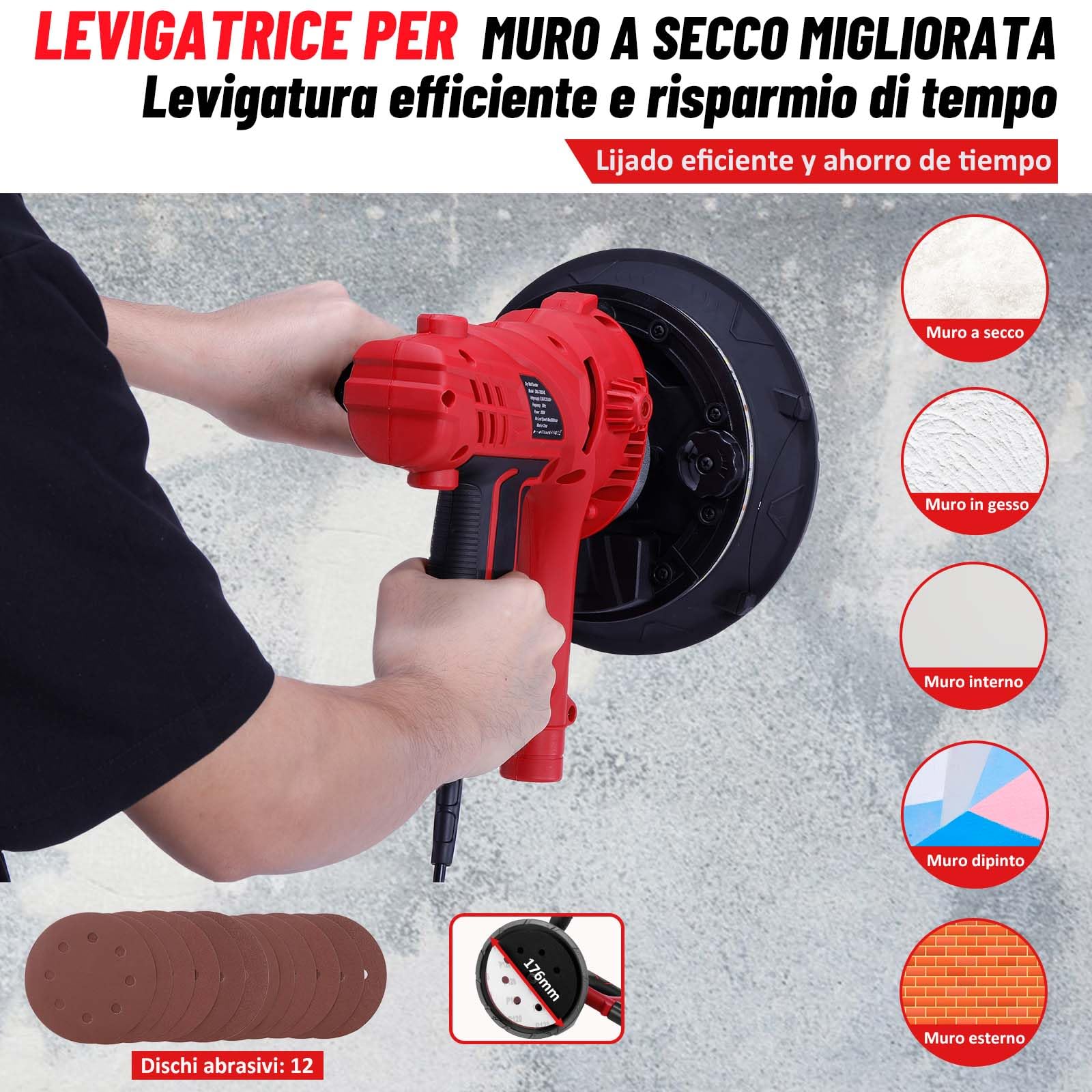 Geevorks Levigatrice per Muro, 850W Levigatrice a Secco Velocità Variabile 1500-2600 Giri al Minuto, Aspirazione Polvere Automatica con Luce a LED, Doppio Manico, Sacco di Raccolta e12 Dischi Abrasivi