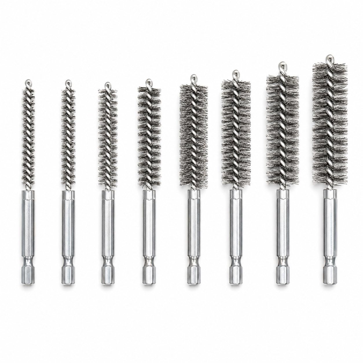 8 Piece Stainless Steel Wire Brush Set, 1/4 Inch Hex Shank Bore Brushes, 8mm to 19mm Twisted Wire Cleaning Brushes for Gun Barrels, Pipes, Cylinders, Carbon, Rust and Residue Removal