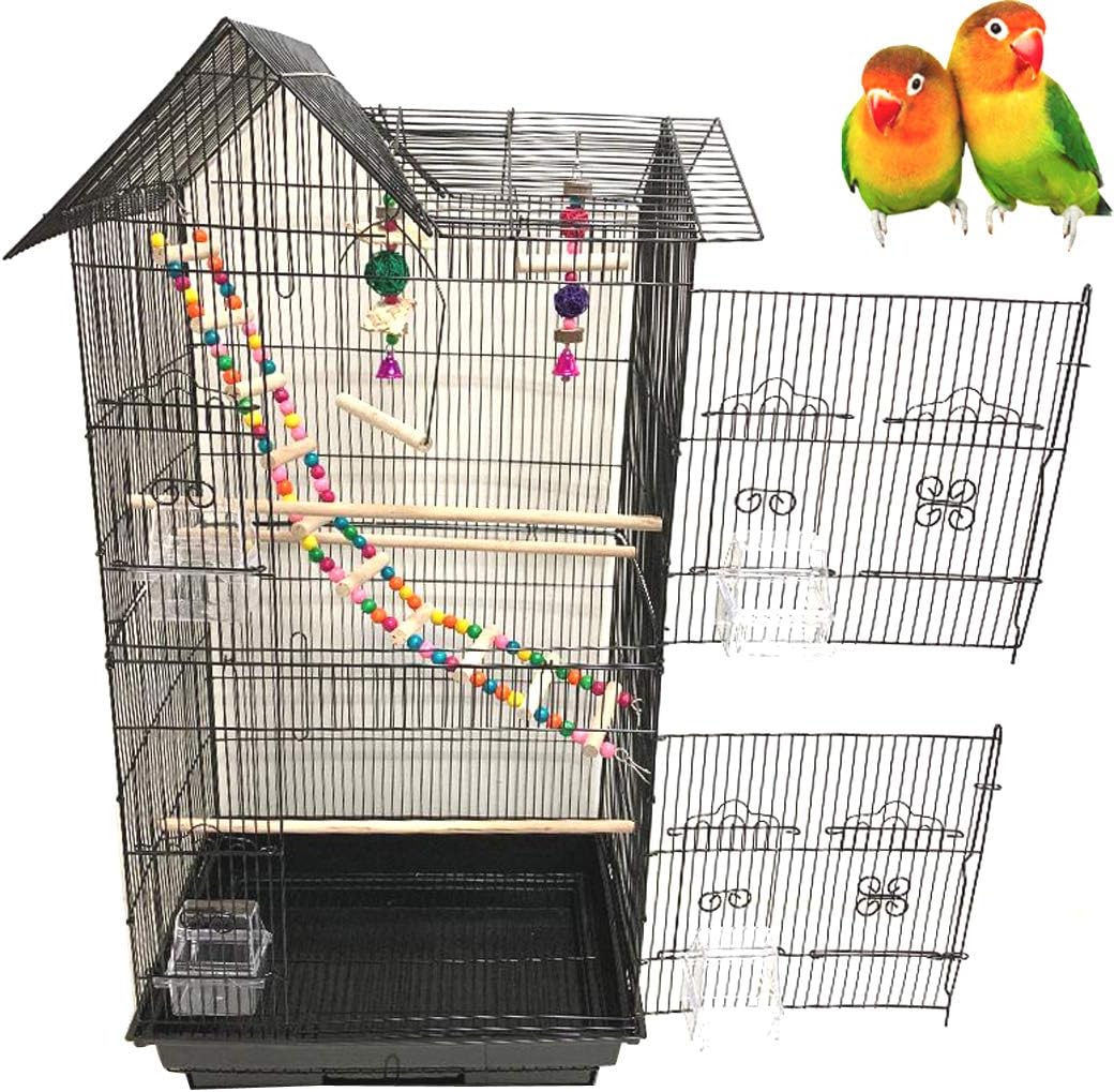 37-Inch Portable Hanging Medium Flight Bird Cage for Cockatiel Sun Quaker Parakeet Green Cheek Conure Parrotlet Finch Canary Budgie Lovebird Small Parrot Travel Bird Cage (Black with Toy)