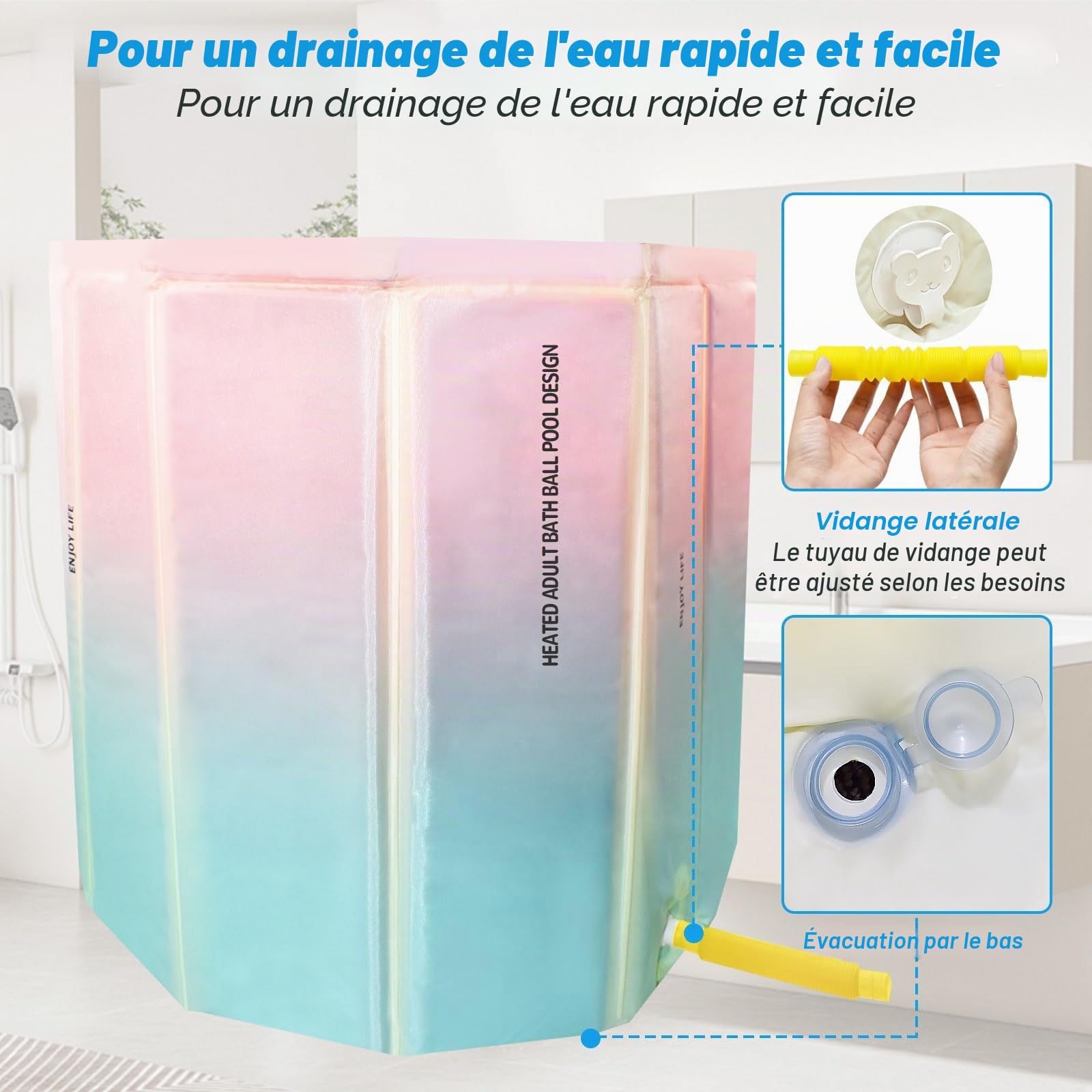 Baignoire Portable Pliable Adulte, Baignoire de Trempage pour Bain Froid et Chaud, Rapide à Plier, avec Coussin de Siège Rempli D'eau, Douche, Spa, Sauna, 70 * 65CM, Vert Rose