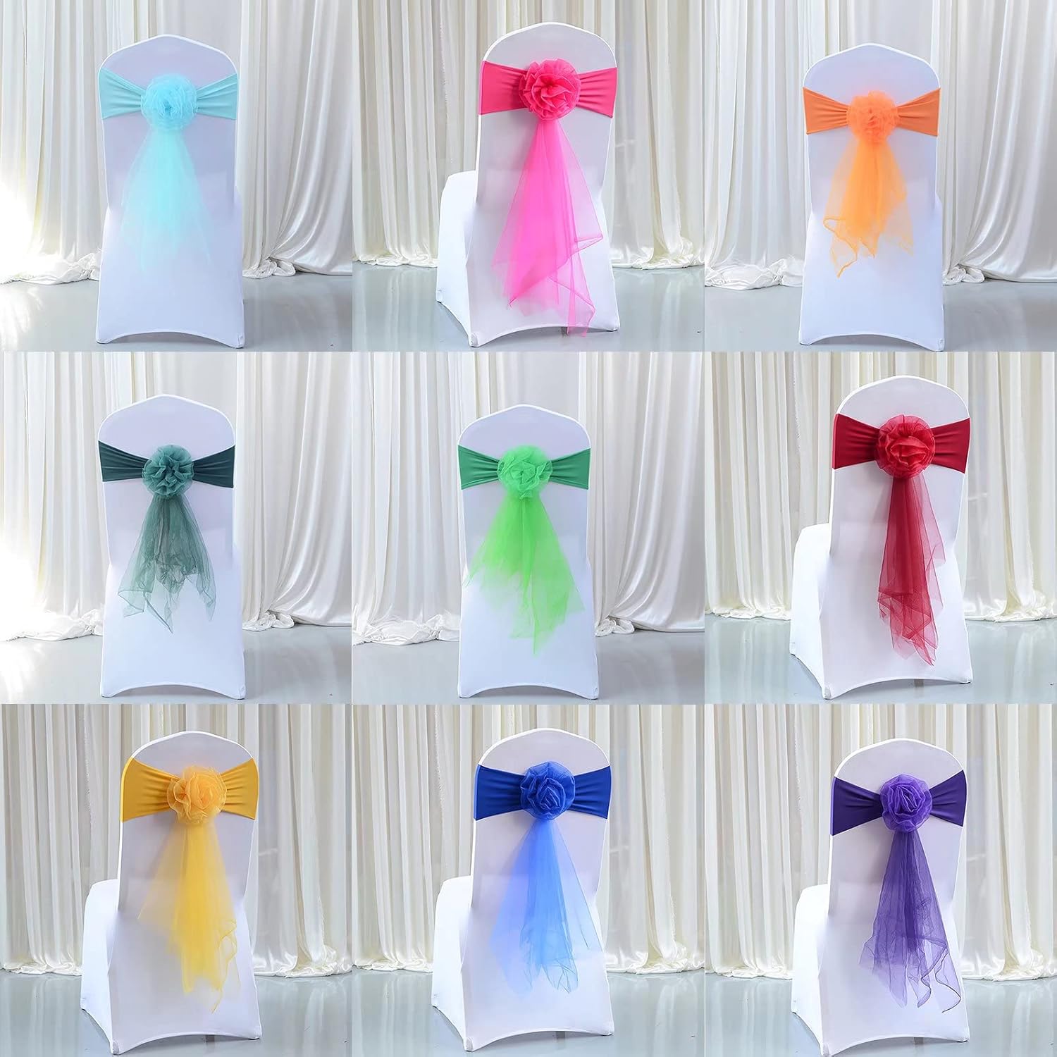 Pack of 10 Flowers Organza Stretch Chair Sashes, for Wedding Party Chair Cover Decoration, Spandex Stretch Chairs Bands (10 PCS White)
