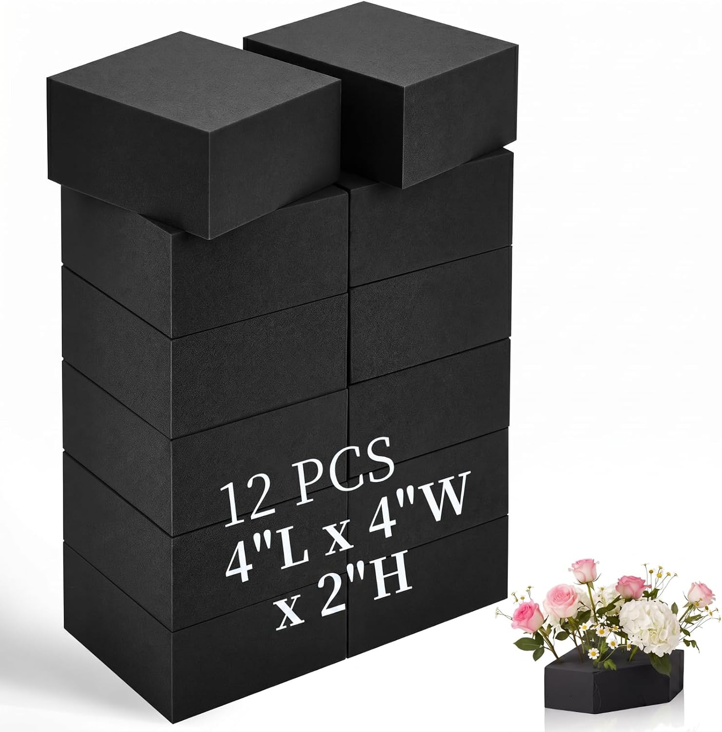 Innconee 12 Pack Black Floral Foam Blocks, 4"L x 4"w x 2"h Dry Floral Foam for Fresh & Artificial Flowers, Styrofoam Block Reusable, Weather Resistant for Arrangements, Wedding, Crafts, Party