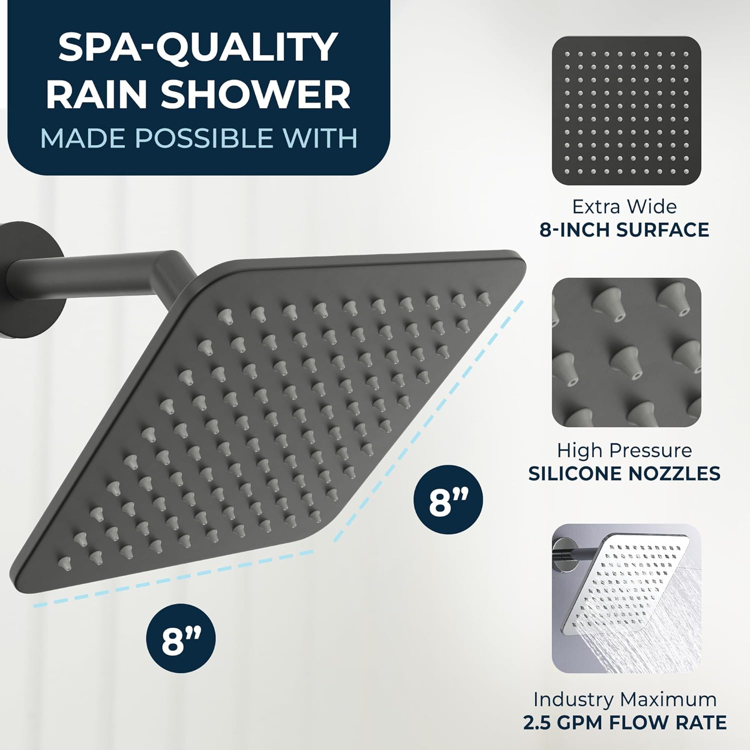 HammerHead Showers Solid Metal 8 Inch Square Rainfall Shower Head, High Flow Shower Head Optimized for Pressure, Matte Black, 2.5 GPM