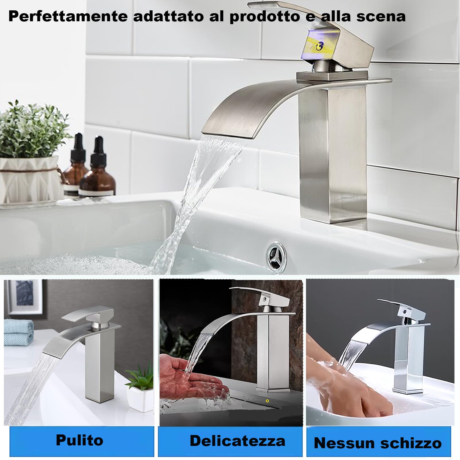 XWIHTR Rubinetto da bagno a cascata, rubinetto per lavabo, rubinetto per lavabo a una maniglia; bocca calda e fredda, silenzioso; rubinetto da bagno in ottone in acciaio inox (spazzolato)