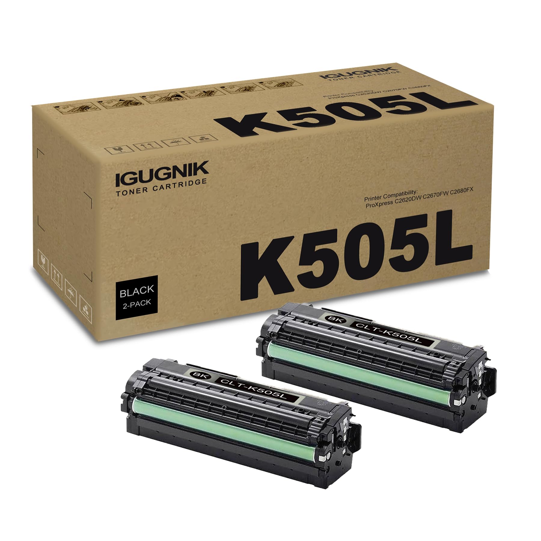2 Pack CLT-K505L Black Toner Cartridge Replacement for Samsung CLT-K505L Work with ProXpress C2620DW C2670FW C2680FX | CLT-K505L
