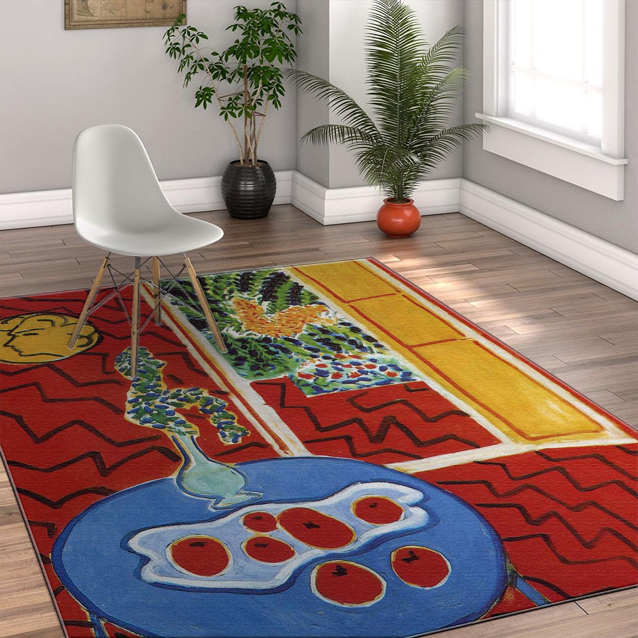 Tapis rouge 180x240cm lavable en machine style vintage avec motifs en zigzag et fruits
