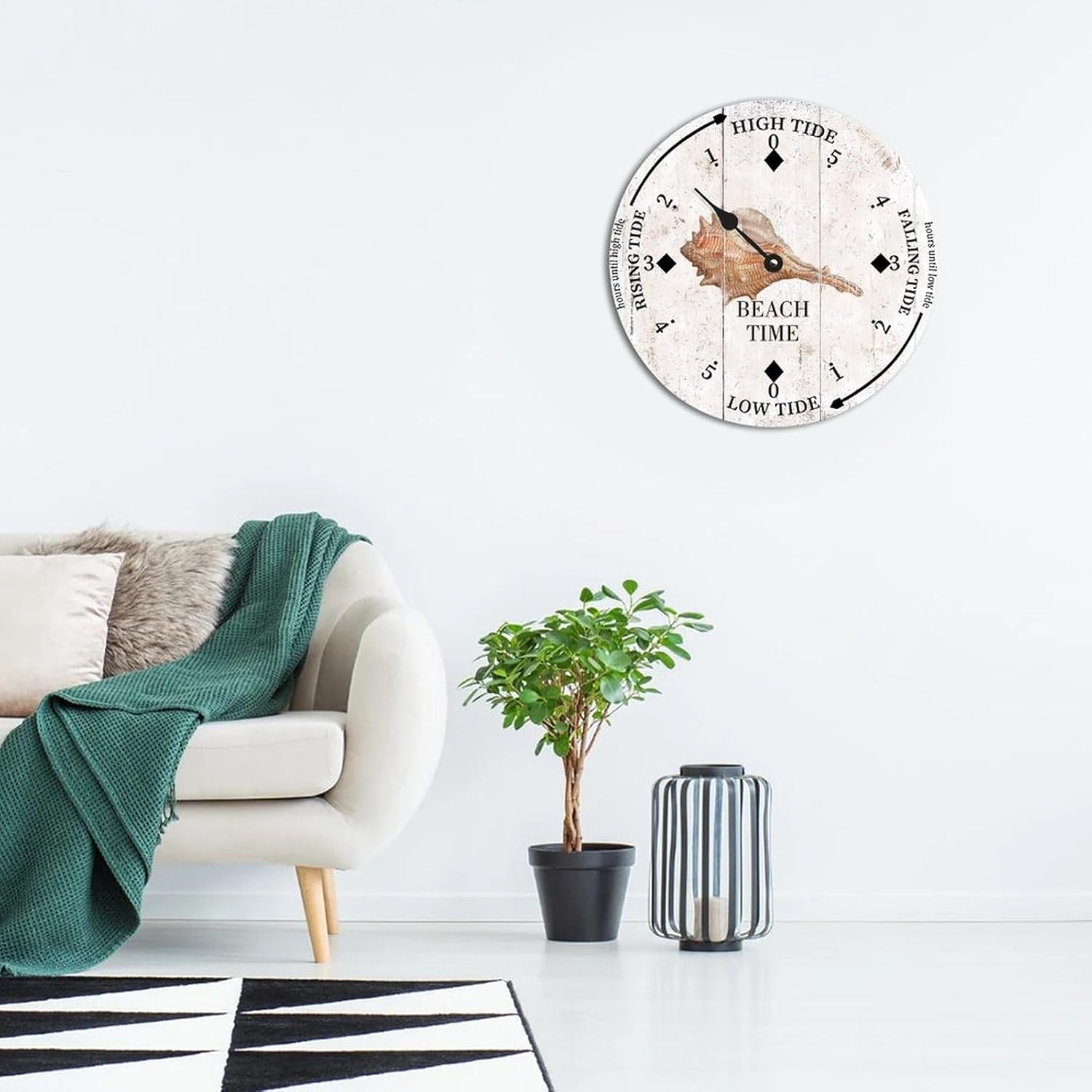 Rustic Wood Tide Clock Beach Time Sea Snail Conch Tidal Clock Moon Clock Silent Non-Ticking Battery Operated Wooden Wall Clock for Living Room Bedroom Cottage Beach Boat Home Decor 15 Inch