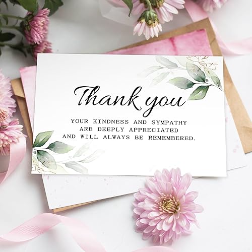 Miniatura 6 de AnyDesign 48 tarjetas de agradecimiento de condolencias con sobres de papel kraft, calcomanías de acuarela, vegetación, funeral, tarjetas